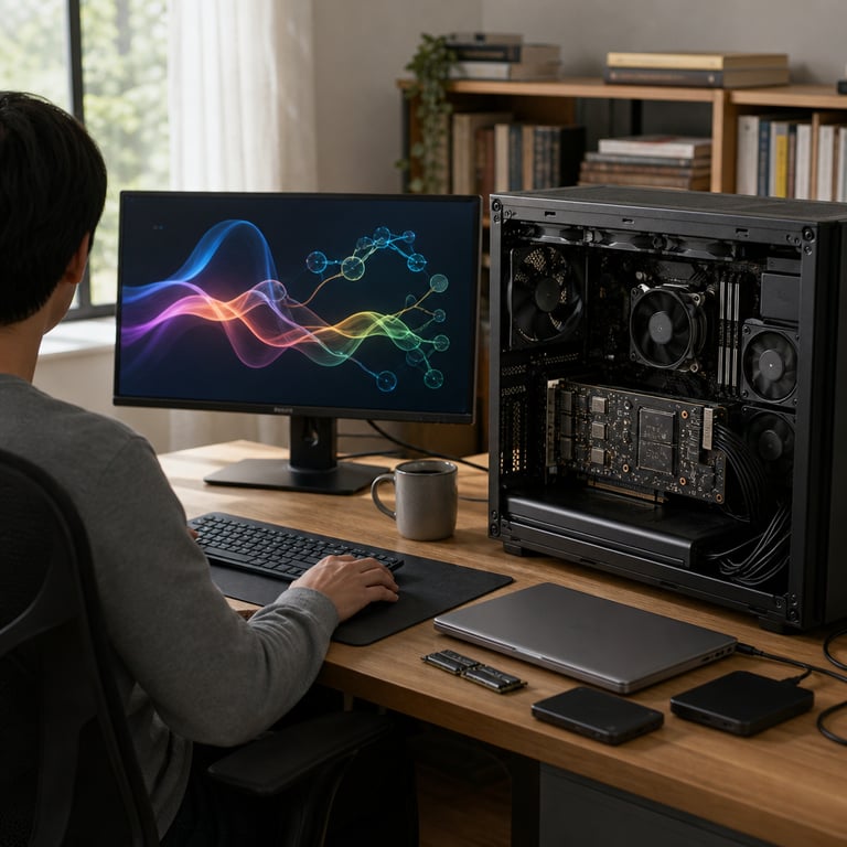 A realistic live action photograph of a modern home office interior showing a high performance Windows desktop computer system equipped for local AI agent execution on NVIDIA RTX hardware. The central focus is a matte black computer tower with its side panel removed to expose the internal layout including a large NVIDIA RTX GPU card featuring multiple high capacity VRAM chips visible on the board multiple cooling fans with metal heat sinks and thick power cables routed neatly along the chassis floor. Next to the tower on a light wood desk surface rests a portable laptop computer closed and positioned at an angle alongside external solid state drives and memory modules emphasizing on device data storage. A flat panel monitor displays abstract colorful graphical patterns representing multistep agent workflows without any visible letters numbers symbols or interface elements. An anonymous individual viewed from behind sits in a standard office chair wearing plain neutral colored clothing with hands resting on a wireless keyboard and mouse. The background includes a window with daylight filtering through sheer curtains a bookshelf holding generic technical volumes a small potted plant and neutral painted walls creating a calm everyday workspace atmosphere. Additional details include scattered generic cables a mouse pad with subtle texture a coffee mug without markings and soft shadows indicating natural indoor lighting. The composition highlights the physical hardware elements of RTX GPUs high VRAM configurations and portable computer form factors supporting local multistep agentic tasks for subscribers while keeping all processing and sensitive information contained within the device environment. The scene avoids any external connections or cloud indicators and centers entirely on tangible real world objects such as the exposed GPU architecture the portable laptop the desktop tower and the functional desk arrangement that illustrates local AI execution capabilities tied to Perplexity and NVIDIA technologies in a practical setting.