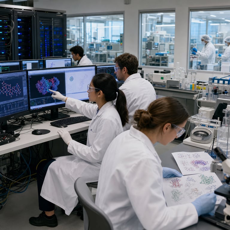 Inside a spacious modern pharmaceutical research laboratory operated by a leading biopharmaceutical company the scene shows several anonymized scientists in white lab coats and safety goggles working at multiple computer workstations equipped with high-performance computing hardware the workstations display complex three-dimensional molecular models protein structures and algorithmic simulation outputs representing artificial intelligence applications in drug discovery and development processes one scientist points at a screen showing layered data visualizations of chemical compounds while another reviews printed molecular diagrams spread across a nearby workbench the laboratory features rows of advanced server racks integrated with specialized processors known for accelerating machine learning workloads alongside standard lab equipment such as microscopes centrifuges and sample storage units the background includes large windows revealing an adjacent cleanroom facility where additional personnel handle sealed vials and testing apparatus the overall environment emphasizes operational integration of artificial intelligence tools into core research and development functions with evidence of productivity-focused workflows including shared digital dashboards and collaborative analysis stations the lighting is even and functional highlighting metallic surfaces glassware and cables connecting the computing systems the composition centers on the interaction between human researchers and the technology infrastructure illustrating the shift of artificial intelligence into active production use within targeted biopharmaceutical operations without any visible text logos or branding the scene captures a moment of focused activity that aligns with survey findings on adoption rates and projected efficiency gains in research pipelines through deployment of such systems in real-world settings involving entities like Eli Lilly and technology partners providing the underlying hardware for these implementations