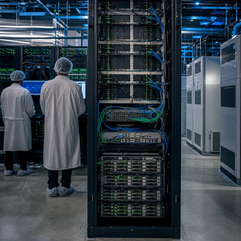 Inside a vast secure data center facility with endless rows of tall black server racks humming with activity the scene shows multiple open rack units revealing dense arrays of high performance computing hardware including GPU clusters and storage arrays connected by thick bundles of fiber optic cables in blue and green colors the environment features polished concrete floors reflective metal surfaces and overhead industrial lighting illuminating the space with cool blue tones several anonymous technicians wearing white lab coats and hair nets stand with backs turned to the viewer examining monitoring displays on rack mounted consoles that show abstract graphical representations of data flows and vector embeddings without any visible text or numbers the foreground includes a central server rack labeled implicitly through hardware configuration as part of a managed vector database system supporting semantic search operations with visible components such as solid state drives arranged in arrays and network switches facilitating real time knowledge retrieval for production AI workloads the background extends into deeper sections of the facility showing additional racks configured for serverless architecture scalability with redundant power supplies and cooling systems featuring large ventilation units and temperature control panels the overall composition captures the industrial scale of infrastructure dedicated to retrieval augmented generation processes where data vectors are processed continuously for AI applications the technicians appear focused on hardware maintenance tasks such as cable management and component inspection while the racks display blinking LED indicators in patterns suggesting active database queries and indexing operations the scene emphasizes the physical manifestation of cloud based vector storage solutions with emphasis on reliability and high throughput environments including visible uninterruptible power supply units and backup generators in adjacent areas the detailed view includes reflections on metallic surfaces showing the symmetry of the rack layout and the organized cabling infrastructure supporting large scale semantic indexing and retrieval tasks the entire setting is devoid of any personal identifiers or specific branding but clearly represents the operational heart of advanced vector database management for AI driven retrieval systems in a production context with emphasis on the tangible hardware elements that enable efficient knowledge base augmentation and semantic matching processes across distributed computing nodes.