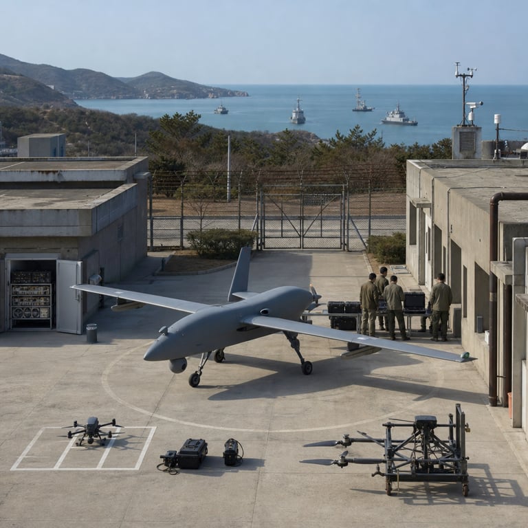 A wide view of a secure military testing facility courtyard in northern China shows a large fixed-wing unmanned aerial vehicle positioned on a concrete launch pad, its composite fuselage painted in matte gray with visible sensor pods mounted under the wings and a streamlined nose cone housing navigation hardware. The drone rests on retractable landing gear beside a low concrete control bunker whose open doorway reveals racks of compact computing modules and cooling fans arranged on metal shelves. In the background, a group of anonymous technicians in plain olive uniforms stand with backs turned, examining portable diagnostic cases placed on folding tables. Beyond the perimeter fence, rolling hills give way to a distant stretch of calm sea where several gray naval patrol vessels are anchored, their radar masts and deck cranes visible against the horizon. The ground surface shows faint tire marks from previous drone movements, and scattered technical equipment includes black equipment cases, coiled cables, and a wheeled cart holding spare propeller assemblies. The sky above is clear with soft daylight illuminating the entire scene uniformly. Additional details include a secondary smaller quadcopter drone parked nearby on a marked grid, a series of weather monitoring instruments mounted on a pole, and a chain-link security gate in the mid-ground leading to a paved access road. The architectural elements consist of functional concrete buildings with small windows, ventilation ducts, and external piping, while the overall setting conveys a working environment focused on unmanned systems development for navigation and maritime surveillance tasks. Every surface appears utilitarian with no markings, and the arrangement emphasizes hardware integration between aerial platforms and supporting ground systems in a real operational research context tied to defense technology advancement.