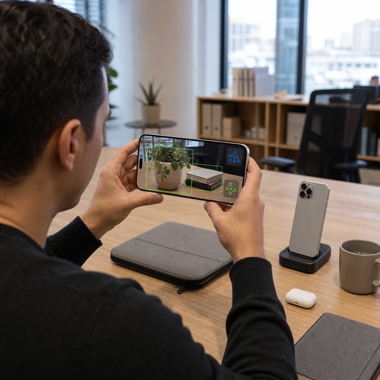 A generic professional sits at a clean wooden desk in a modern open-plan office with neutral walls and large windows showing daylight outside, holding a contemporary silver-edged smartphone horizontally in both hands while the device screen displays a realistic live camera feed of a nearby potted plant and stacked books on the same desk. The phone interface shows subtle visual overlays of object recognition bounding boxes and simple icon-based reasoning indicators without any visible letters numbers or symbols. On the desk surface nearby rests a second identical smartphone in a charging cradle next to a closed laptop sleeve and a ceramic coffee mug. The individual wears a plain dark sweater and has short dark hair viewed from a three-quarter rear angle so no facial features are identifiable. The background includes blurred office elements such as additional empty chairs a low bookshelf with generic binders and a small potted succulent on a side table. The entire composition centers on the primary smartphone as the focal point demonstrating mobile hardware capable of running advanced quantized multimodal artificial intelligence directly on device. Surrounding objects emphasize everyday portable technology use including a wireless earbud case and a fabric notebook cover. Lighting is even natural daylight illuminating the scene uniformly. The setting conveys a real-world technology workspace where compact mobile hardware executes sophisticated on-device multimodal reasoning tasks and agentic functions derived from large-scale open-weight models. Additional details include visible phone bezels with subtle antenna lines the texture of the wooden desk grain the matte finish of the phone back the soft reflection on the screen glass the weave of the sweater fabric and the arrangement of desk items creating depth. The overall scene remains strictly realistic live-action photojournalistic with no added graphics overlays text elements or stylized effects focusing purely on the hardware interaction and environment that supports efficient ternary and one-bit quantized multimodal model execution on consumer phones.