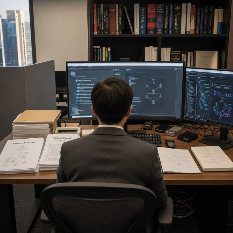 In a contemporary enterprise office an anonymous professional viewed strictly from behind sits at a wide wooden desk engaged with multiple computer displays showing interfaces for a production retrieval augmented generation system applied to enterprise PDF documents. The main monitor exhibits structured outputs from relational parsing operations including extracted sections organized by table of contents hierarchies and linked data elements from lengthy technical PDFs. Physical printouts of complex academic papers rest on the desk surface including copies of the transformer architecture study from arXiv alongside generic enterprise contract bundles and technical manuals. Open notebooks display diagrams illustrating question parsing flows answer generation steps and citation mapping without any readable characters. A secondary display presents retrieval results drawn from document collections with highlighted relational links between parsed entities. The workspace includes an ergonomic chair a neatly arranged keyboard and mouse external storage drives for handling large PDF repositories and several file folders containing additional multi page documents. Bookshelves in the background hold reference volumes on artificial intelligence data science and enterprise software topics. The room features standard office partitions a partially visible window overlooking urban buildings and organized cabling beneath the desk. Every element grounds the scene in real world application of upgraded document parsing question parsing retrieval and generation capabilities that produce typed answers with source citations from intricate enterprise PDFs using the specified transformer paper as the concrete demonstration case. Additional dense details include the grain of the wooden desk surface the matte finish of the monitor bezels the stacked arrangement of paper edges the precise positioning of the notebooks relative to the screens the texture of the professional attire on the seated figure the arrangement of reference books on the shelves the subtle presence of a generic corporate nameplate holder without markings and the overall layout emphasizing hardware and document handling tools central to enterprise AI document intelligence workflows. The composition remains a single unified live action view capturing the integration of TOC retrieval with relational structures inside production RAG pipelines for complex PDF processing in a professional setting.
