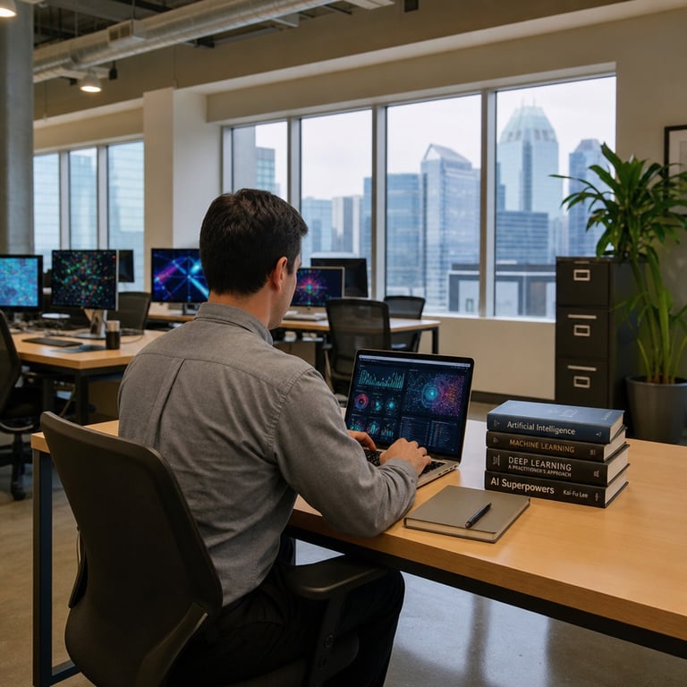 A solitary anonymous professional with short dark hair wearing a plain gray button-down shirt and dark trousers sits upright at a large rectangular light-colored wooden desk positioned near a wide window in a contemporary open-plan corporate training office environment with neutral beige walls and polished concrete flooring. The desk surface holds an open silver laptop displaying abstract colorful graphical interfaces without any readable elements alongside a closed notebook with a plain cover and a simple black pen resting beside it. Scattered across the desk are several thick hardcover reference volumes on artificial intelligence topics with plain spines and covers. In the background multiple additional workstations feature similar laptops and desktop monitors showing similar abstract visual patterns. A potted green plant with broad leaves stands in one corner next to a tall metal filing cabinet. The professional faces the laptop with both hands positioned over the keyboard in a focused posture suggesting active engagement with generative systems. Natural daylight streams through the window revealing a distant city skyline with modern glass towers. The overall environment includes ergonomic office chairs upholstered in dark fabric additional empty desks with similar setups and subtle architectural details like exposed ductwork and recessed ceiling lighting fixtures. The scene conveys a quiet atmosphere of professional skill development in technology sectors with emphasis on hardware such as laptops and monitors typical of corporate learning spaces connected to major platforms and providers in artificial intelligence training and certification programs across industries. Additional details include the texture of the wood grain on the desk the matte finish of the laptop casing the subtle shadows cast by objects under daylight the arrangement of reference materials in neat stacks the reflective surface of the polished floor and the soft folds in the professional's clothing fabric all contributing to a realistic live-action documentary style capture of an everyday moment in a technology education setting focused on optimizing outputs from advanced AI tools and expanding career pathways in multiple sectors.