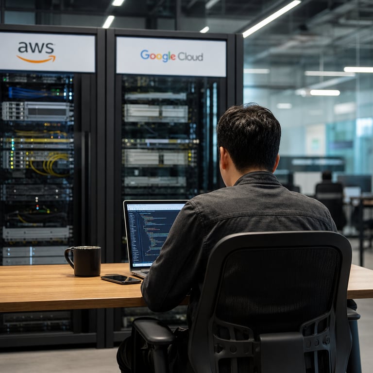 An anonymous professional sits at a desk with a laptop in a modern tech office, with server racks labeled for AWS and Google Cloud visible in the background.