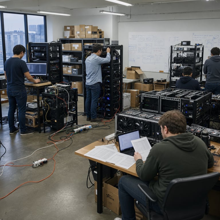A realistic live-action photograph of a modest industrial workspace interior featuring multiple generic anonymous figures in casual business attire working together on decentralized computing hardware setups representing distributed pretraining nodes for a machine learning model development project. The scene shows several rows of standard server racks and desktop computer towers connected via visible network cables and power cords in a shared open-plan room with concrete floors and fluorescent ceiling lights. One figure stands near the center adjusting connections on a rack while another sits at a nearby table reviewing printed benchmark result sheets placed flat without any readable content. Additional hardware includes stacks of consumer-grade GPUs mounted in open cases with cooling fans visible and external hard drives arranged on shelves indicating limited compute resources being pooled. The environment includes background elements such as whiteboards covered in abstract diagrams and charts without legible text, storage boxes labeled generically for components, and a large window showing an urban exterior to convey a practical real-world setting. Multiple power strips and extension cords snake across the floor highlighting the distributed nature of the setup. Figures are positioned with backs or sides turned to the viewer to maintain anonymity while actively engaging with the equipment through gestures like plugging in cables or monitoring status lights on the machines. The overall composition emphasizes collaboration among the participants in scaling model training efforts using shared resources in a non-corporate environment with scattered tools like screwdrivers and cable ties on work surfaces. Details include varied clothing textures such as cotton shirts and denim jeans, metallic surfaces of the hardware reflecting ambient light, and subtle dust particles in the air suggesting active use of the facility over recent weeks. The arrangement of equipment forms a loose network configuration illustrating interconnected nodes dedicated to ongoing pretraining processes for advanced AI systems developed through community-driven subnets.