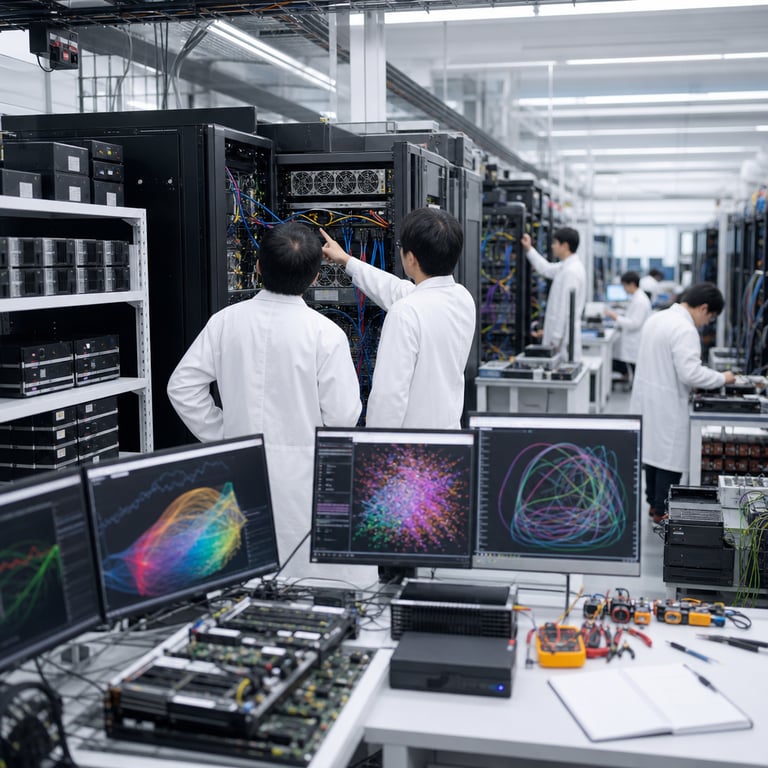 A realistic live action photojournalistic scene unfolds inside a modern high tech artificial intelligence research laboratory filled with rows of tall server racks humming quietly with advanced computing hardware. Anonymous engineers wearing plain white lab coats stand with their backs to the viewer examining dense clusters of graphics processing units and cooling fans inside open server cabinets that represent the large scale mixture of experts architecture of frontier models. Thick bundles of multicolored cables snake neatly between racks and workstations while one researcher points toward a central processing unit bay. Nearby desks hold multiple high resolution monitors displaying intricate multicolored performance graphs and trajectory maps without any readable text numbers or symbols. Stacks of external hard drives and sealed archival boxes sit on shelves symbolizing the released weights data and benchmark resources for the smaller open Apache licensed variant. Additional server units nearby illustrate comparative evaluations against other leading systems through identical hardware configurations placed side by side. The laboratory features clean white walls bright overhead lighting organized cable management trays and scattered technical tools such as screwdrivers multimeters and notepads with blank pages. Researchers gesture and lean over equipment in focused collaboration creating a dynamic yet professional atmosphere centered on real world agent trajectory collection and evaluation workflows. In the midground several anonymized figures adjust rack mounted components while others review printed diagrams laid flat on a large central table. The entire environment emphasizes tangible physical infrastructure supporting large scale model training evaluation and open release processes with every detail rendered in sharp photographic clarity showing metallic surfaces matte plastic panels indicator lights and ventilation grilles. Additional depth comes from background views of further server aisles receding into the distance and foreground close ups of connector ports and thermal sensors all contributing to a dense composition that captures the essence of cutting edge agent benchmark development without any visible lettering logos or interface elements.