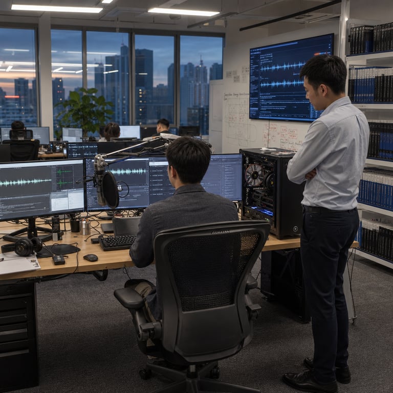 In a modern open-plan technology office environment belonging to a leading Chinese technology corporation, an anonymous professional wearing business casual attire sits with their back to the viewer at a large wooden desk cluttered with multiple flat-panel computer monitors displaying complex waveform visualizations and transcription editing interfaces without any visible text or labels, while speaking clearly into a professional-grade studio microphone mounted on a flexible boom arm connected via cables to a high-performance desktop workstation tower featuring visible internal components and cooling fans; nearby another anonymized colleague stands observing the setup with arms crossed, surrounded by additional empty office chairs, ergonomic keyboards, wireless mice, and stacks of technical reference binders on shelves; the background includes floor-to-ceiling windows revealing an urban skyline at dusk with soft natural light mixing with overhead LED panel lighting, potted indoor plants, whiteboards covered in abstract diagrams, server racks humming quietly in an adjacent glass-walled room, and scattered hardware elements such as external hard drives, audio interfaces, and headsets indicating active development and testing of advanced automatic speech recognition systems focused on specialized domain vocabulary accuracy and contextual consistency for transcription tasks; the overall scene captures a realistic live-action moment of collaborative work in speech technology innovation with precise details including the texture of the carpeted floor, the matte finish on monitor bezels, the metallic sheen on microphone grilles, the arrangement of cables neatly bundled under the desk, subtle reflections on polished desk surfaces, the presence of a large wall-mounted display showing abstract audio processing graphs, and distant views of other anonymous staff members working at their stations to emphasize the professional atmosphere of iterative model refinement for domain-specific term recall in audio processing applications available through enterprise cloud platforms.