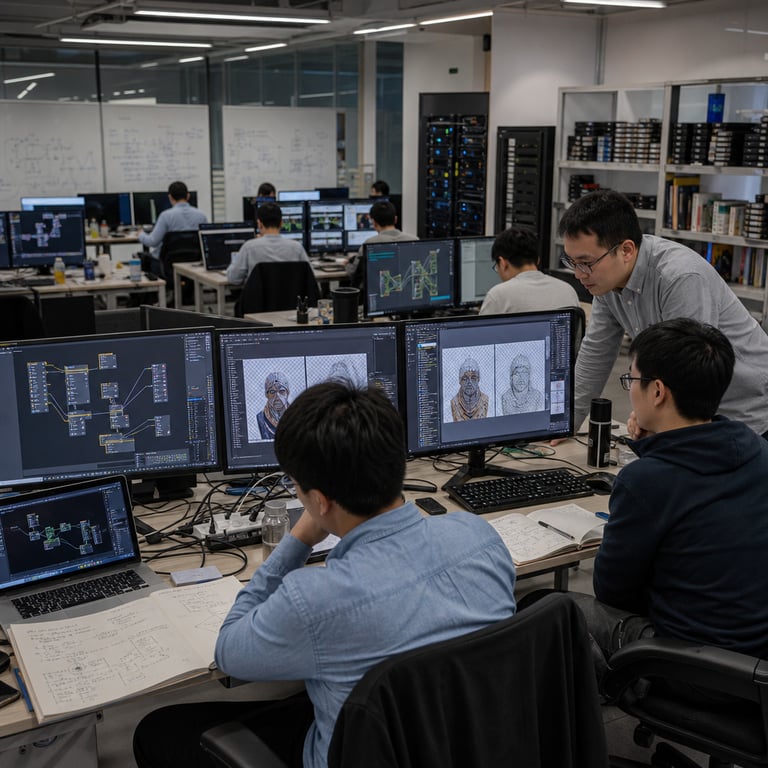 Inside a spacious open-plan research and development facility belonging to a major Chinese technology corporation a group of anonymous engineers and data scientists sit at long shared worktables equipped with multiple high-performance desktop computers whose monitors display intricate node-based editing graphs for unified image synthesis pipelines along with layered canvases demonstrating native RGBA channel workflows and simultaneous multi-image reference compositing the engineers wear plain business casual attire such as button-down shirts and sweaters their faces turned toward screens or toward each other as they gesture at specific interface elements showing generated sample outputs with transparent backgrounds and blended reference elements on the tables rest open technical notebooks filled with handwritten architecture diagrams of large-scale diffusion networks and parameter counts around seven billion along with printed flowcharts for text-conditioned generation and inpainting tasks nearby server racks stand with visible GPU cards and dense cabling indicating the computational backbone required for running compact yet powerful open-weight models shelves along the walls hold stacks of external hard drives labeled only with generic serial numbers and reference books on machine learning frameworks while one engineer adjusts connections between a laptop running community visualization software and a workstation executing local inference tasks another engineer reviews side-by-side comparisons of source and edited images emphasizing transparency handling and reference fusion the room contains additional desks with keyboards mice and trackpads plus scattered coffee mugs and water bottles the background shows further workstations with similar multi-monitor setups and collaborative whiteboards covered in abstract schematic drawings of model pipelines without any readable text the entire scene conveys collaborative technical work on an advanced seven billion parameter system released for research purposes through major open model repositories and supported by popular community interfaces for diffusion pipelines and node-graph editing environments the engineers move deliberately between stations occasionally leaning in to examine details on neighboring displays emphasizing the practical hands-on deployment and testing of this unified image generation and editing technology in a professional corporate setting