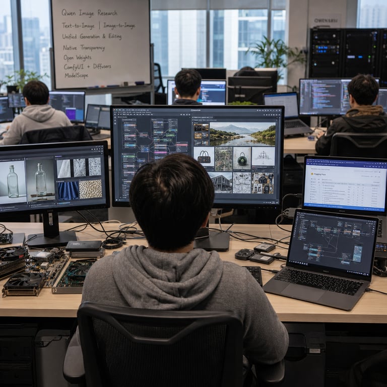 Inside a spacious open-plan technology research laboratory within a major multinational corporation headquarters, an anonymous software engineer wearing a plain gray hoodie and dark trousers sits with their back facing the camera at a long wooden desk cluttered with multiple high-resolution computer monitors, laptops, and external hard drives. The central monitor displays a complex node-based interface for a unified image generation and editing application, showing layered compositions of realistic outdoor landscapes blended with abstract geometric shapes, semi-transparent overlays, and multiple reference images arranged in a grid of up to ten distinct visual elements including product prototypes, natural scenery, and architectural sketches. Adjacent screens exhibit side-by-side comparisons of original and edited images demonstrating native transparency effects with alpha channels visible as subtle blending on various objects like glass bottles and fabric textures. On the desk surface lie scattered USB drives, printed circuit boards, and reference hardware components including GPU cards and cooling fans, symbolizing the open weights release for compact model deployment. In the background, additional anonymous colleagues in casual attire work at similar stations with screens showing Hugging Face repository interfaces and Diffusers library pipelines integrated into ComfyUI workflows, all focused on text-to-image synthesis and iterative editing tasks. The lab environment features large windows revealing an urban skyline, white walls lined with server racks humming quietly, potted plants, and ergonomic chairs, creating a professional atmosphere of collaborative AI development. Every detail emphasizes the practical, real-world implementation of Qwen-Image-2.1 capabilities in a corporate setting tied to Alibaba and the Qwen team, with physical tokens of ModelScope access and forward-looking mentions of Qwen-Image-3.0 visible only through contextual hardware and workflow setups without any visible markings. The entire composition captures a single frozen moment of active model usage and exploration in a live research environment, highlighting the immediate availability of tools for image generation and editing in a grounded, documentary-style photograph.