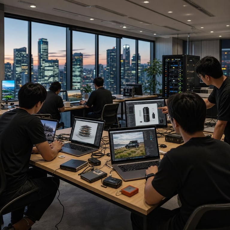 Inside a spacious modern open-plan technology research laboratory with floor-to-ceiling windows overlooking an urban skyline of glass towers at dusk, several anonymous individuals wearing plain dark shirts and slacks sit and stand around a wide wooden table covered with multiple open laptops, external SSD drives, and tangled cables. The individuals are captured from side and back angles with faces turned toward the screens so no facial features are recognizable. On the laptop displays are realistic photographic images showing seamless text-to-image outputs and edited composites that include objects with clean native transparent backgrounds such as floating product prototypes, layered architectural renderings, and blended natural scenes where foreground elements are isolated without any visible borders or artifacts. One individual gestures toward a screen displaying an edited landscape where a vehicle has been inserted with perfect transparency handling. Another individual adjusts sliders on editing software interfaces visible only as abstract graphical controls without any legible characters. The room features neutral gray walls, recessed ceiling lights, potted plants, and additional workstations in the background with server racks humming quietly. The overall composition shows collaborative focus on the unified 7B-scale image generation and editing workflow being tested in a real-world professional setting that reflects open research distribution through community platforms. Every detail emphasizes tangible hardware, physical collaboration, and the practical application of advanced image synthesis tools released for non-commercial study, with careful attention to natural lighting, realistic depth of field, and authentic office textures including wood grain, metal surfaces, and fabric clothing folds. The scene avoids any symbolic or abstract elements and remains strictly documentary in its portrayal of engineers validating the capabilities of a newly available open model that supports both generation and precise editing within a single integrated system.
