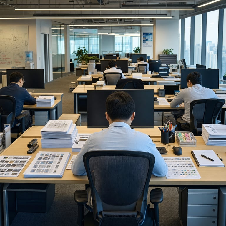 In the expansive open-plan office space located within the headquarters of a prominent technology corporation in eastern China several anonymous professionals are positioned at their respective workstations each consisting of a sleek modern desk made from light-colored wood with metal accents upon which rest multiple stacks of printed paper materials featuring highly detailed layouts consisting of numerous columns rows and sections filled with intricate graphical representations and fine-scale visual elements that require precise rendering capabilities for authenticity and clarity in micro-details the papers are arranged in neat piles with some individual sheets spread out flat for examination showing variations in page sizes and orientations alongside various office supplies such as black and blue pens placed in holders notepads with blank surfaces and wireless computer mice next to keyboards that are connected to desktop monitors displaying neutral backgrounds without any visible interfaces or content the professionals themselves are dressed in standard business casual attire including button-down shirts and trousers with their backs facing the viewer as they lean slightly forward in ergonomic office chairs with mesh backs and adjustable armrests engaged in focused examination of the materials in front of them the surrounding environment includes floor-to-ceiling windows allowing natural light to illuminate the space revealing cityscape views in the distance gray carpeted flooring extending throughout the area white acoustic ceiling panels with recessed lighting fixtures and partitions made of frosted glass separating different team areas additional elements include potted plants with green foliage placed in corners water coolers with paper cups stacked nearby and filing cabinets with metal drawers along the walls all contributing to a productive atmosphere indicative of work involving advanced computational tools for handling complex visual information tasks in professional settings related to the development and application of sophisticated image processing technologies by teams associated with major innovators like those behind Qwen series advancements from Alibaba emphasizing practical uses in scenarios demanding high fidelity reproduction of dense informational graphics and textual arrangements in generated visuals with the overall composition capturing the essence of collaborative efforts in technology-driven environments where such tools find real utility further details encompass the precise alignment of desk objects including the exact positioning of a metallic stapler on the left side of one workspace a cluster of colored highlighters in a clear plastic tray to the right the subtle texture of the wood grain visible on the desk surface the way shadows fall naturally across the paper stacks due to overhead elements the arrangement of multiple ergonomic chairs around a central meeting table holding additional reference materials the presence of whiteboards in the background with abstract diagrams sketched in dry-erase markers the layout of the entire floor showing rows of identical workstations extending into the distance the integration of modern architectural features such as exposed ductwork painted in neutral tones and the overall sense of organized productivity in a corporate setting dedicated to frontier technology development and deployment through channels like specialized chat interfaces and application programming access points