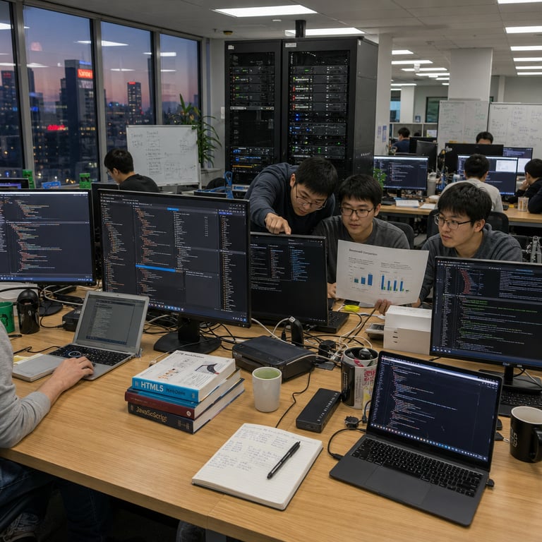 Inside a spacious open-plan technology research facility in an urban Chinese tech hub, several anonymous engineers in casual business attire sit at long shared wooden desks equipped with multiple large flat-panel monitors displaying complex web development interfaces featuring HTML structures, CSS layouts, JavaScript functions, and backend API integrations. The workspace includes scattered laptops running code compilation tasks, ergonomic keyboards, wireless mice, and external hard drives connected via cables, all arranged around a central cluster of high-density server racks with visible cooling fans and blinking status lights indicating active computation loads. In the midground, one engineer leans forward pointing at a shared monitor while colleagues review side-by-side benchmark comparison charts printed on paper, surrounded by potted plants, whiteboards covered in diagrams, and stacks of technical reference books on web standards. The background shows floor-to-ceiling windows revealing a city skyline at dusk, with additional rows of identical workstations occupied by other anonymous figures collaborating on similar projects, emphasizing efficient resource use through compact hardware setups rather than expansive clusters. Overhead fluorescent lighting illuminates the scene evenly, highlighting details such as USB hubs, network switches mounted on racks, coffee mugs, and notepads filled with handwritten notes on performance metrics. The overall composition captures a realistic moment of focused teamwork in a professional environment dedicated to evaluating and refining large language models for web development benchmarks, with hardware elements symbolizing the competitive yet efficient positioning of the 27-billion parameter system against larger counterparts in ongoing arena evaluations.