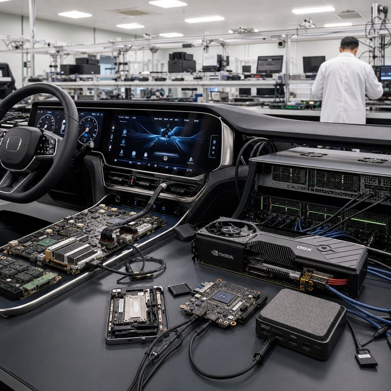 Inside a brightly lit automotive engineering laboratory a modern luxury vehicle cockpit fills the foreground with its expansive curved dashboard and central infotainment screen integrated into the Dimensity Auto Cockpit C-X1 hardware module mounted behind the steering column. The cockpit features matte black and brushed aluminum trim surrounding multiple high-resolution displays showing dynamic graphical interfaces for navigation and driver assistance without any visible lettering. On the adjacent workbench surface sit exposed printed circuit boards revealing the Dimensity flagship SoC chip package alongside cooling fins and ribbon cables connecting to vehicle sensors. Next to these components an open NVIDIA RTX graphics card with visible heatsink fins and power connectors rests on an anti-static mat together with a compact DGX Spark unit and a GB10 reference board both connected via high-speed cabling to a rack-mounted server chassis used for local AI model inference testing. Additional hardware includes a disassembled mobile handset prototype containing another Dimensity SoC placed beside a laptop docking station and diagnostic probes. The background shows rows of test benches holding similar automotive modules and server trays under neutral overhead lighting with cables neatly organized in cable trays. An anonymous technician wearing a white lab coat stands with back turned at the far end of the bench adjusting a connector on one of the boards. The entire composition emphasizes the physical integration of MediaTek automotive silicon with NVIDIA inference hardware in a single continuous real-world workspace that demonstrates immediate hardware optimization for edge AI deployment.