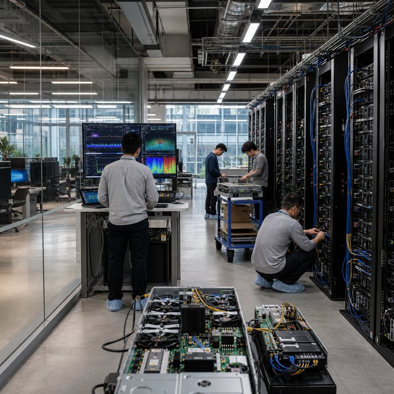 Inside a spacious modern data center facility operated by a major Chinese technology corporation, several anonymous engineers wearing neutral business casual attire and protective booties move methodically between rows of tall black server racks filled with densely packed GPU accelerator cards and networking equipment. The room features polished concrete floors, bright overhead fluorescent lighting reflected on metallic surfaces, and large glass walls separating the server area from an adjacent open-plan workspace. On a central workbench, multiple disassembled server nodes display visible circuit boards, cooling fans, and cabling bundles without any markings or labels. One engineer kneels to connect high-bandwidth cables between rack units while another stands at a nearby console desk viewing abstract colorful data visualizations on multiple large monitors that show layered image grids, waveform patterns, and attention heatmaps representing multimodal processing and extended context handling. Additional figures in the background examine hardware trays containing standardized accelerator modules, conveying collaborative development of a 27 billion parameter vision-language system released in efficient eight-bit floating point format. The environment includes visible ventilation ducts, cable management trays overhead, and distant views through windows of a corporate campus courtyard with generic modern architecture. No individuals display recognizable facial features or perform identifiable actions tied to specific persons; all figures remain anonymized with backs or sides turned. The overall composition emphasizes industrial-scale hardware deployment supporting open-weight multimodal agent capabilities that narrow performance differences with proprietary alternatives, achieved through careful arrangement of real physical objects like rack enclosures, power distribution units, and diagnostic tablets displaying only graphical interfaces devoid of any legible characters.