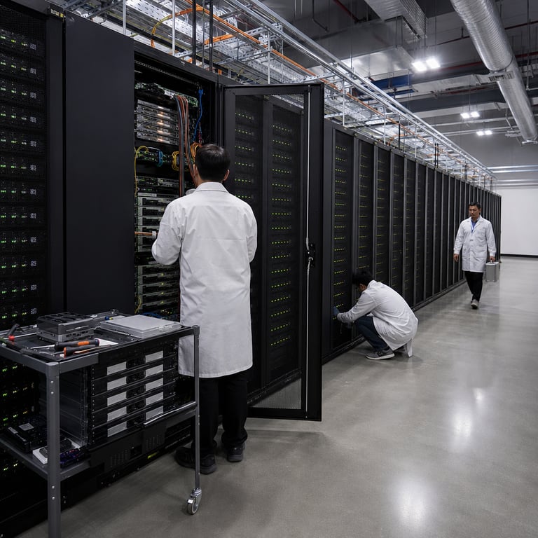 Inside a vast climate-controlled data center operated by Alibaba, multiple parallel rows of tall black server racks extend deep into the facility under a high industrial ceiling fitted with exposed metal ductwork and overhead cable trays. Each rack contains densely packed compute nodes with visible front-panel indicator lights glowing in steady patterns of green and amber. In the foreground a single technician wearing a plain white lab coat and dark trousers stands with their back to the viewer facing one open rack bay where internal server blades are partially visible along with neatly bundled fiber optic cables in various colors routed through cable management arms. To the left of the technician a wheeled cart holds several unlabeled black storage units and diagnostic tools arranged in orderly rows. The polished concrete floor reflects the even illumination from rows of recessed ceiling fixtures while ventilation grilles along the base of the racks show subtle airflow movement. Further down the aisle another technician in identical attire kneels beside a lower rack adjusting connections with both hands while a third technician walks parallel to the racks carrying a plain metal toolbox. The entire scene emphasizes scale through repeating architectural lines of racks cabinets and structural columns receding into soft focus in the distance. Cooling pipes run along the upper walls with insulated segments and junction boxes visible but unmarked. The atmosphere conveys industrial efficiency with no visible branding logos screens displaying content or any readable markings on any surface. The composition centers on the hardware infrastructure supporting advanced mixture-of-experts model inference workloads for software engineering evaluation tasks performed at reduced operational expense compared to competing closed systems.
