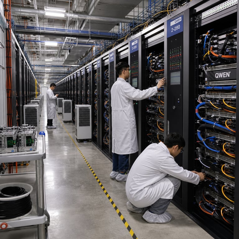 Inside a sprawling industrial data center facility operated by Alibaba in a major Chinese technology hub, multiple technicians wearing identical white lab coats and protective footwear move methodically between endless parallel aisles of tall black server racks. Each rack contains densely packed compute modules with visible arrays of high-performance accelerator cards connected by thick bundles of multicolored cabling that snake along reinforced metal trays overhead and beneath raised flooring panels. One technician kneels to inspect a lower tray while another stands at a control console adjusting settings on an array of status indicator lights. Further down the aisle a third technician uses a handheld diagnostic tool to scan connections on a rack dedicated to large-scale model training infrastructure. The environment features reflective polished concrete floors marked with safety lines, overhead ventilation ducts with metal grilles, and rows of identical cooling units positioned between the racks. In the background additional server banks extend into the distance representing the massive scale required for models exceeding two trillion parameters such as the recently released Qwen3.8-Max from Alibaba and the prior Kimi K3 from Moonshot AI. Spare component carts loaded with replacement accelerator modules and cable spools sit along the perimeter walls next to locked equipment storage cabinets. The entire scene captures the operational reality of frontier-scale open-weight model development within China's competitive AI hardware landscape with Qwen branded infrastructure elements visible on rack identification plates and component housings throughout the facility.