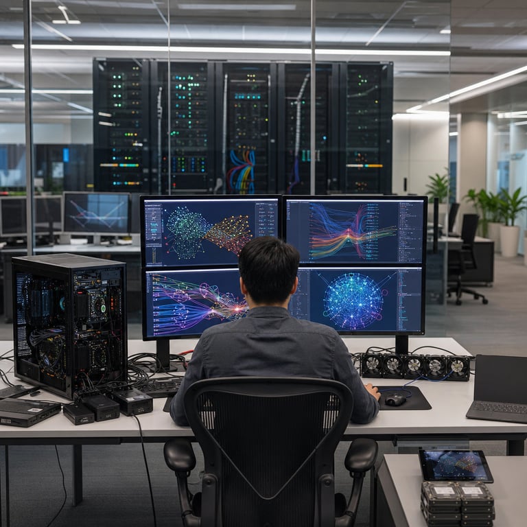 In a spacious modern open-plan technology office located within an Alibaba corporate facility the scene shows a single anonymous software engineer viewed from behind seated at a large ergonomic desk facing a bank of four flat panel computer monitors and a high performance workstation tower. The engineer wears a plain dark gray button down shirt and sits upright with hands resting on a standard keyboard and mouse pad. On the desk surface sit multiple external hard drives connected by thick black cables a small array of cooling fans with visible metal grilles and a secondary laptop closed and placed to the side. The primary workstation tower features visible internal components through a tempered glass side panel including densely packed circuit boards and heat sinks representing the computational infrastructure supporting large scale mixture of experts model training. The monitors display abstract colorful graphical interfaces with flowing lines and node connection diagrams that represent neural network architectures multimodal data streams and autonomous code generation processes without any readable characters or symbols. Behind the desk a large window reveals an adjacent server room visible through glass partitions containing rows of black server racks with blinking indicator lights and bundled fiber optic cables running along the floor and ceiling trays. The server racks symbolize the QwenCloud infrastructure hosting the 2.4 trillion parameter Qwen3.8-Max model enabling extended autonomous coding runs. On a nearby side table rest additional pieces of hardware including a stack of solid state drives and a tablet device showing similar abstract network visualizations. The overall environment includes neutral colored walls subtle overhead lighting fixtures potted plants in the distance and other empty desks with similar equipment setups creating a realistic photojournalistic view of a professional setting where engineers interact with advanced artificial intelligence tools from Qwen and Alibaba. The composition emphasizes hardware elements cables cooling systems and the solitary figure engaged in observation of the system outputs that illustrate multimodal feedback loops and frontier model capabilities in autonomous software development tasks. Additional details include the texture of the carpeted floor the arrangement of ventilation grilles in the ceiling the precise positioning of monitor stands the thickness of bundled cables snaking between equipment the reflective surfaces on the server rack doors and the subtle shadows cast across the workspace all contributing to a dense realistic live action capture of the technological environment supporting Qwen3.8-Max and related Qwen3.8-27B variants without any human faces or identifiable individuals shown.
