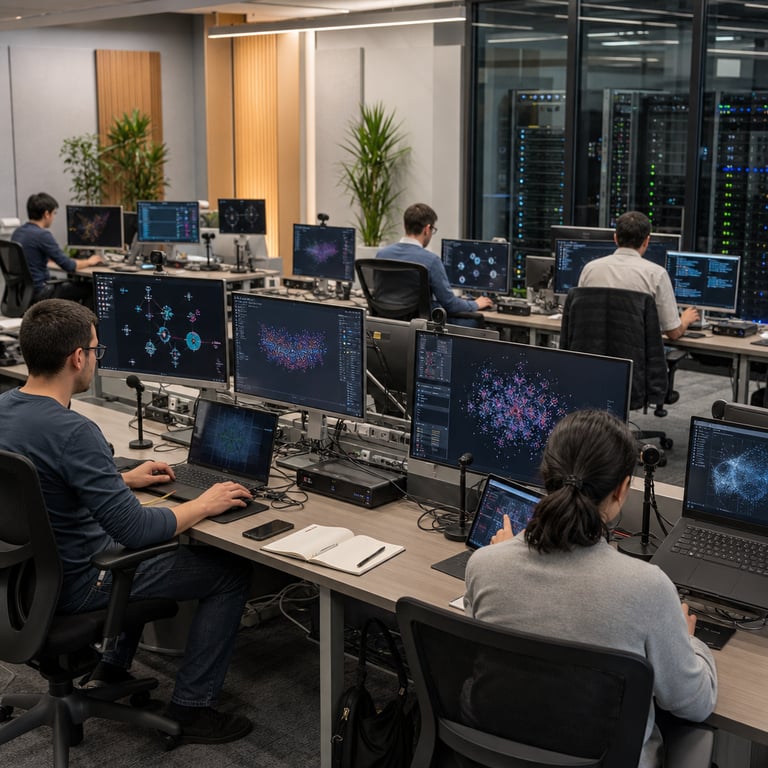 Inside a modern open-plan technology workspace located in a corporate office building several anonymous professionals wearing neutral business casual attire sit at multiple ergonomic desks arranged in rows each desk holding several large computer monitors connected to high-performance laptops with visible ports and cables linking to external hardware units representing cloud infrastructure the monitors display complex graphical interfaces for configuring and querying advanced multimodal artificial intelligence models through various pay-as-you-go application programming interfaces without any visible text or labels on the screens the desks also feature generic input peripherals including microphones positioned for audio capture and small video cameras aimed at the workspace to symbolize audio-video processing capabilities with large context handling server racks with blinking indicator lights are visible through transparent glass partitions in the background illustrating data center support for model deployment potted green plants and neutral-toned acoustic panels line the walls creating a professional collaborative atmosphere individuals are captured from back or side angles focused on their tasks one person types on a keyboard while reviewing abstract data visualizations another adjusts settings on a tablet device connected via wireless network hubs scattered across the space include generic routers and power units symbolizing connections to official company cloud studios third-party AI laboratories and gateway services the floor features clean carpet tiles and organized cable management systems under the desks overhead lighting fixtures provide even illumination across the room the overall composition shows seamless integration of multimodal model access competing directly with other major systems through diverse platform options including specialized model studios and developer gateways individuals wear plain shirts and pants with no logos or identifiers visible the scene includes additional elements such as charging docks for mobile devices notebooks with blank pages pens placed neatly and subtle reflections on monitor bezels showing blurred abstract patterns representing extensive one-million token context windows and real-time audio video input handling the workspace conveys the practical real-world availability and expansion of these technologies via multiple access points in a live operational setting with all elements grounded in hardware software integration and collaborative development environments typical of frontier artificial intelligence deployment.