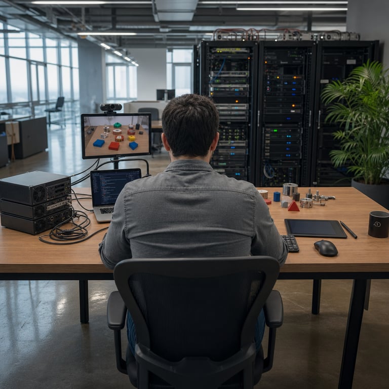 In a contemporary open-plan technology research office with large windows allowing natural daylight to illuminate the space an anonymous figure viewed from behind sits centered at a spacious wooden desk cluttered with high-end computing hardware including a silver laptop connected via thick black cables to external solid-state drive arrays stacked neatly to the left a professional webcam mounted atop a secondary monitor stand aimed toward a collection of physical objects on the desk such as wooden blocks colored geometric shapes and small mechanical components arranged for visual analysis a wireless keyboard and ergonomic mouse positioned for active use alongside a digital drawing tablet with stylus resting nearby representing multimodal input workflows multiple tall server rack units visible in the background filled with blinking status lights and cooling fans indicating large-scale model processing capacity a potted green plant in the corner adding organic contrast to the electronic environment soft shadows cast across the desk surface from overhead fixtures highlighting the matte textures of plastic casings metal enclosures and rubberized cable grips the anonymous individual wears a plain gray long-sleeve shirt with sleeves rolled up exposing forearms resting on the desk edge in a posture suggesting focused interaction with the system setup for agent-based coding tasks and tool integration the entire arrangement conveys a real-world environment supporting advanced artificial intelligence model deployment with emphasis on extensive context handling visual perception capabilities and automated workflow execution through interconnected devices without any visible markings or interfaces the floor features polished concrete with subtle reflections of the desk setup and distant office partitions create depth while a secondary chair pulled up nearby implies collaborative or extended session use the overall composition captures the integration of specialized flash model variants into an accessible platform environment dedicated to visual coding and agentic operations in a professional setting with precise attention to hardware details like port configurations ventilation grilles connector types and cable management systems all arranged to demonstrate practical application in daily technology development activities.