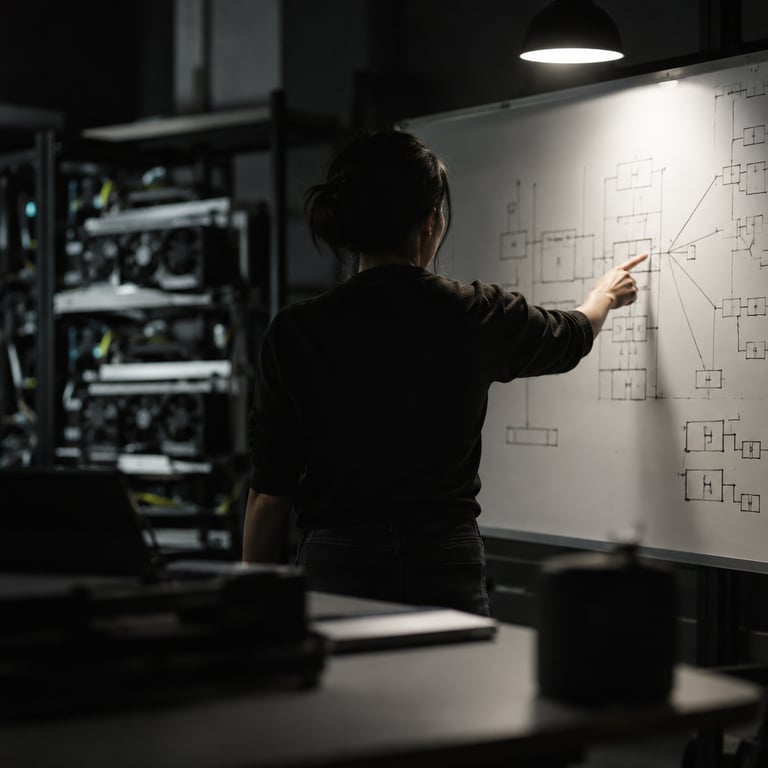 Engineer in dim lab pointing at abstract MoE diagram on whiteboard, with blurred Nvidia GPUs in background.