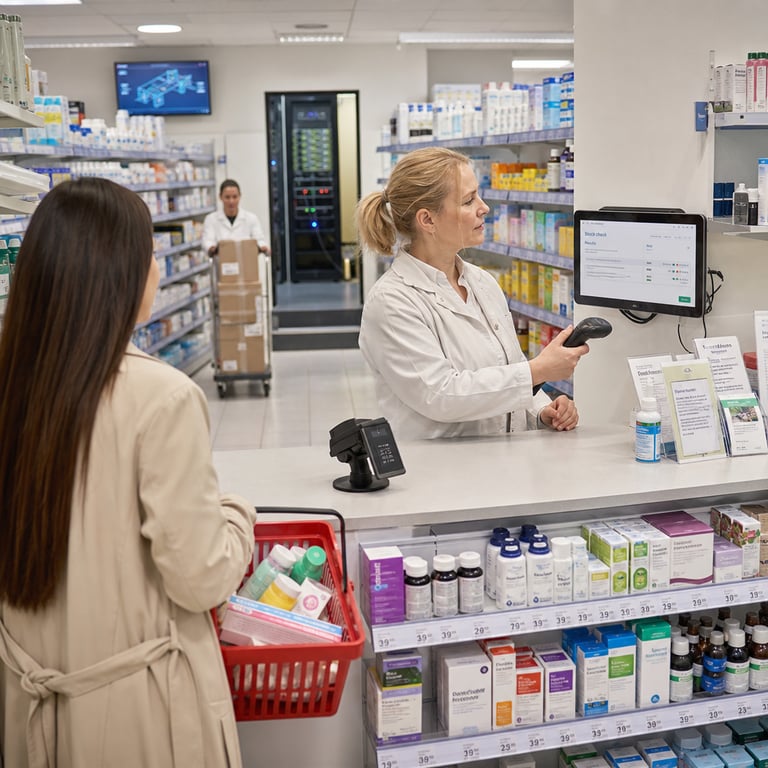 Inside a brightly lit European drugstore belonging to the Rossmann retail chain the scene shows a female store associate standing behind a service counter lined with neatly arranged rows of packaged health supplements cosmetics and over-the-counter medications on white shelving units. The associate faces a wall-mounted digital tablet displaying a clean ServiceNow interface while holding a handheld scanner that has just processed a customer query about product stock. Behind her tall metal shelving units stocked with colorful bottles and boxes stretch into the distance under overhead fluorescent lighting creating an organized retail environment. In the foreground a customer stands with their back to the camera holding a shopping basket filled with toiletries and personal care items. The associate appears calm and efficient as she completes the interaction in moments reflecting rapid AI-assisted support. Subtle background details include a server rack visible through an open office doorway at the rear of the store symbolizing the underlying CMDB standardization and change-management processes that enable the ServiceNow AI agents to deliver five-second response times for store operations. Additional aisles contain generic pharmaceutical packaging and beauty products typical of a large-scale drugstore chain while a second employee in the distance pushes a restocking cart filled with boxed goods. The entire environment emphasizes standardized hardware setups and digital tools integrated into everyday retail workflows without any visible branding text or logos on devices or surfaces. The composition captures a single moment of operational efficiency with the associate completing the support task on the tablet while the customer waits patiently at the counter surrounded by the orderly display of everyday consumer health and wellness merchandise that defines Rossmann locations across Europe. This real-world setting also subtly references parallel efficiency gains seen in industrial deployments by including a small background monitor showing network diagrams reminiscent of enterprise change-management systems used at peer organizations such as Siemens AG and SLB yet remains focused on the retail drugstore context. Every element from the precise arrangement of product shelves to the neutral expression of the associate and the functional layout of the counter area underscores the quantified improvements in store support speed achieved through AI agents and standardized configuration databases. The scene remains entirely live-action and photojournalistic with multiple layers of retail activity visible including product displays customer interaction and backend technology integration all occurring simultaneously in one cohesive physical space.