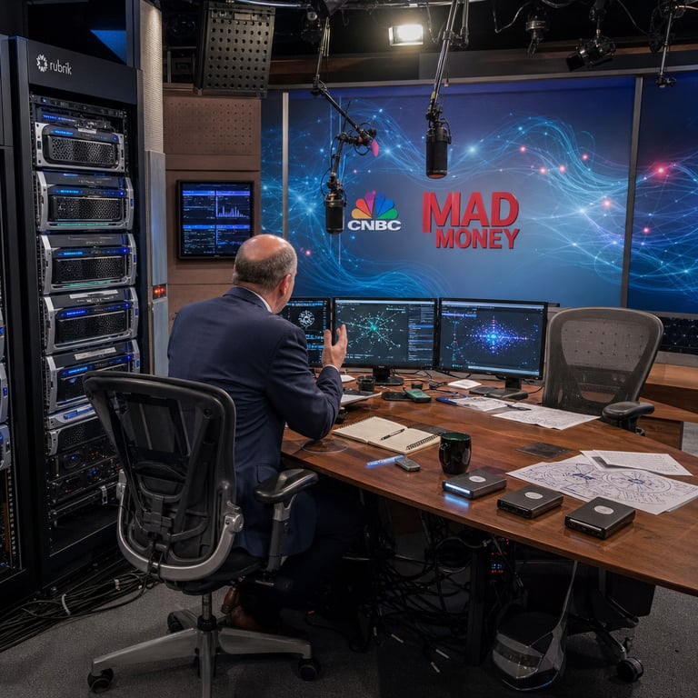 Inside a professional CNBC broadcast studio configured for a Mad Money segment an expansive wooden anchor desk dominates the foreground with two ergonomic chairs arranged facing one another. Multiple flat-panel monitors arrayed across the desk surface display dense enterprise dashboards showing layered network topology maps data throughput graphs and cybersecurity posture indicators all rendered without legible characters or numbers. Behind the desk a seamless backdrop incorporates abstract flowing lines and node clusters representing AI agent interactions and cyber resilience frameworks. Along the left edge of the frame industrial-grade server racks house Rubrik-style data protection appliances with visible drive bays and cooling vents emphasizing hardware for enterprise backup and recovery operations. An anonymous business-attired figure sits with back turned to the viewer at the desk engaged in conversation while subtle hand gestures indicate discussion of organizational AI adoption challenges. Production elements surround the set including overhead boom arms suspended microphones acoustic wall panels and cable bundles routed along the floor. Additional monitors mounted on side walls exhibit performance metrics tied to rapid technological change periods with color-coded security alerts and resilience scoring visualizations. The overall environment conveys a live television interview atmosphere focused on enterprise AI security needs including agentic cyber resilience strategies for organizations navigating Rubrik business performance updates. Foreground details include polished desk surfaces reflecting studio illumination scattered notepads bearing schematic diagrams of data pipelines and small hardware tokens resembling encrypted storage devices. Background depth reveals additional equipment carts holding networking switches and AI inference modules positioned to suggest integration between financial reporting and technical infrastructure topics. The scene remains strictly photojournalistic capturing a single continuous moment of a television production environment dedicated to exploring how companies must strengthen cyber defenses amid accelerating AI deployment without depicting any recognizable individuals or textual elements.