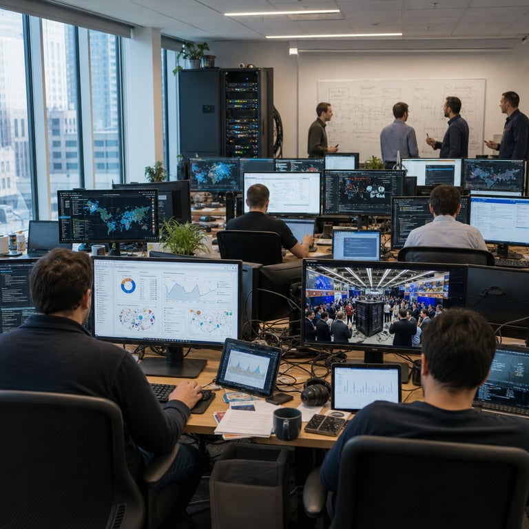 A wide view inside a modern open-plan technology newsroom filled with rows of wooden desks cluttered with multiple computer monitors keyboards and notebooks. In the foreground several anonymous journalists sit with their backs to the camera working intently on desktop computers displaying abstract data visualizations charts and maps related to cybersecurity topics. One monitor shows a large conference hall interior with attendees gathered around exhibition booths featuring hardware displays and networking equipment typical of a major tech security event. In the midground a tall server rack stands against the wall with blinking indicator lights and cables connecting to nearby workstations representing an MCP server installation integrated into journalistic workflows. Additional figures in business casual attire stand near a whiteboard covered in handwritten diagrams of AI agent processes and data flows without any legible text. The background includes large windows overlooking an urban cityscape with soft natural daylight illuminating the space. Scattered on desks are generic tablets showing graphs of news coverage timelines and anonymous headsets for audio monitoring. The overall environment includes potted plants coffee mugs and stacks of printed reports emphasizing a collaborative workspace focused on rapid technology reporting. Details include visible cables networking hardware ergonomic chairs and multiple open laptops all arranged to depict autonomous AI-assisted news production on cybersecurity stories without any visible branding text or identifiable individuals. The scene captures the integration of Reuters style journalism tools with RuntimeWire like AI newsroom efficiency in covering events such as Black Hat ahead of traditional outlets like WIRED through agentic AI workflows.