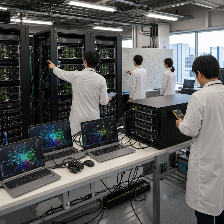 Inside a sleek modern technology laboratory in Tokyo a group of anonymous engineers wearing plain lab coats and safety badges stand around a central workbench covered with multiple open laptop computers and rack-mounted server units all interconnected via thick bundles of black ethernet cables and power cords the laptops display dense grids of colorful data visualizations without any readable text or logos while the server racks feature visible NVIDIA GPU modules with their distinctive green circuit board patterns and cooling fans spinning the engineers point at various screens and adjust connections between devices symbolizing coordinated multi-agent orchestration of open source AI systems one engineer holds a tablet showing network diagrams of distributed models while another examines a hardware diagnostic tool connected to a large black server chassis labeled internally with Fugu series components but without external markings the background includes additional rows of identical server cabinets humming with activity stacks of cooling units and organized cable management trays under bright overhead fluorescent lighting the scene captures the practical deployment of advanced orchestration tools like Fugu Max and Fugu Ultra v2 running on accessible open models such as those from NVIDIA Nemotron integrated through platforms including OpenRouter and Krater.ai avoiding reliance on proprietary closed systems the laboratory environment features neutral gray walls large windows showing an urban skyline generic office furniture including rolling chairs and whiteboards covered in abstract diagrams no people faces are clearly visible all figures are shown from behind or at angles that obscure identities emphasizing hardware setups and collaborative technical work the composition focuses on the tangible elements of AI infrastructure with multiple active monitors showing synchronized agent workflows represented by animated node connections and performance metrics in graphical form dense cabling runs across the floor in neat conduits power distribution units sit under the tables and ventilation grilles on the servers indicate active cooling systems supporting high performance computations the overall atmosphere conveys innovation in cost effective multi agent systems through visible open hardware configurations and team based monitoring activities