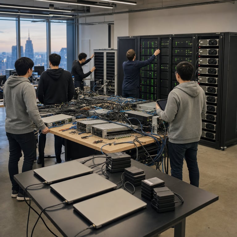 A wide-angle view inside a contemporary open-plan technology research laboratory in an urban high-rise building features several anonymous software engineers with their backs turned to the camera wearing casual neutral-toned clothing such as gray hoodies and dark jeans standing around a large central workbench covered in tangled bundles of black and blue Ethernet cables thick power cords and silver server blades the engineers are pointing toward multiple tall black server racks lined along the far wall each rack unit glowing with rows of small green LED status lights and fitted with visible GPU accelerator cards protruding from open bays on the side panels the foreground shows a low table holding three identical silver laptops closed with matte finishes and stacks of matte black external hard drives connected via visible USB-C cables the background includes floor-to-ceiling windows revealing a blurred city skyline at dusk with soft ambient interior lighting from overhead panels casting even illumination across the polished concrete floor scattered with small tools like precision screwdrivers and cable ties two additional generic figures in the mid-ground are adjusting ventilation grilles on a cooling unit next to the racks while one engineer holds a tablet device showing only dark blank screen surface the entire composition emphasizes hardware components such as redundant power supply units network switches with blinking fiber optic ports and organized cable management trays without any readable markings the scene captures a collaborative technical environment focused on distributed computing infrastructure supporting complex software engineering workflows and agent coordination systems with every surface detail rendered in sharp focus including dust particles in the air subtle reflections on metallic surfaces and the texture of woven cable sleeves creating a documentary-style capture of real-world AI development infrastructure.