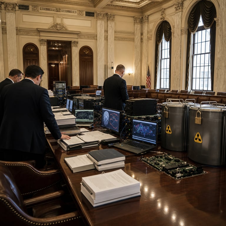 Inside a formal congressional committee hearing room in the United States Capitol building a long polished mahogany table stretches across the center of the frame surrounded by rows of empty leather upholstered chairs with brass nailhead trim and carved wooden armrests. On the table rest multiple thick bound folders and loose paper stacks arranged in neat piles next to open laptop computers whose screens display intricate multicolored neural network diagrams and layered artificial intelligence model architectures with glowing node connections and data flow lines. Beside the laptops sit generic black server rack units and dense arrays of circuit boards representing advanced computing hardware associated with major artificial intelligence development organizations. To one side of the table stand sealed metallic storage containers with heavy padlocks and radiation-style hazard symbols without lettering evoking nuclear regulatory protocols. Behind the table tall arched windows with heavy velvet drapes allow natural daylight to illuminate the room revealing ornate plaster ceiling moldings classical marble columns and dark wood paneling on the walls. In the foreground several anonymous figures in dark business suits stand with backs turned to the camera their hands resting on documents and computer peripherals as they review materials related to permanent prohibition of artificial superintelligence systems exceeding human oversight. Additional computer monitors in the midground show abstract visualizations of control mechanisms and risk assessment charts tied to the proposed legislation. The entire setting conveys the gravity of policy regulation efforts targeting companies developing frontier artificial intelligence models with enforcement structures modeled on nuclear weapons statutes. Details include subtle reflections on the glossy table surface from overhead recessed lighting fixtures the texture of the leather chair upholstery the grain of the hardwood flooring and the precise arrangement of cables connecting the hardware components without any visible markings or identifiers on equipment or surfaces.