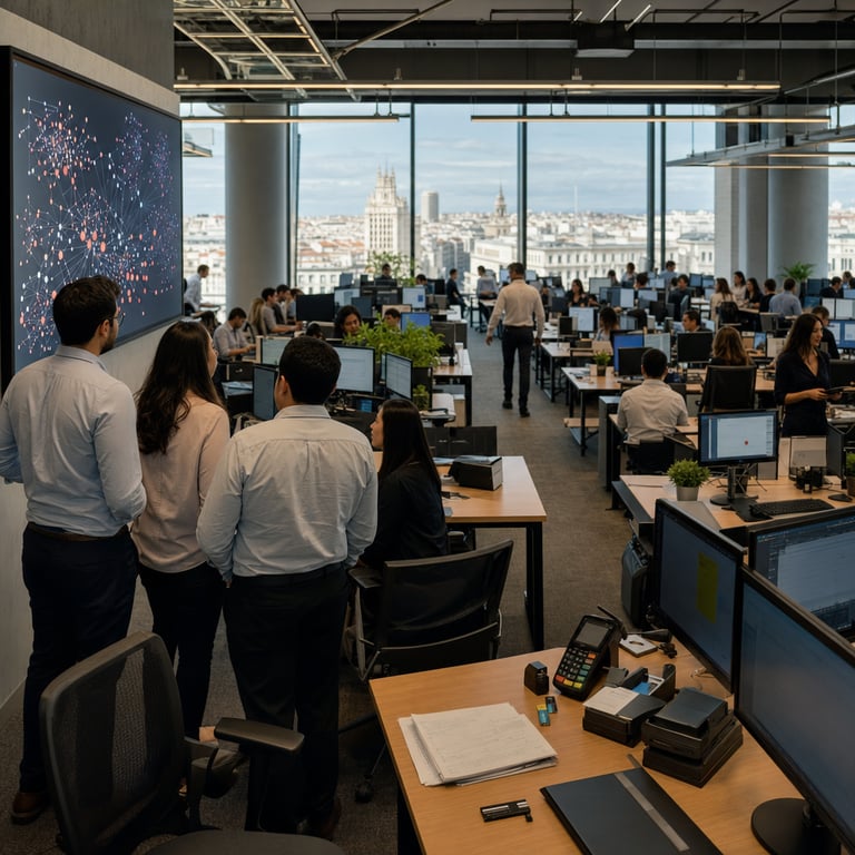 Inside a spacious open-plan operations center on the upper floors of Banco Santander's modern headquarters building in central Madrid, dozens of anonymous bank employees sit at long rows of wooden desks equipped with multiple computer monitors and wireless keyboards, all focused intently on their screens displaying complex graphical interfaces for AI-driven banking tools. The employees, dressed in standard business casual attire with no visible name tags or identifiers, include men and women of varied ages and ethnic backgrounds, some leaning forward to analyze transaction flow diagrams on their displays while others collaborate in small groups around shared tables covered with printed documents and notepads. In the foreground, a cluster of four employees examines a large wall-mounted digital display showing abstract network graphs representing fraud detection patterns and automated payment routing systems, with lines connecting various nodes symbolizing real-time agentic processes. Through large floor-to-ceiling windows in the background, the iconic skyline of Madrid including the Gran Via and distant views of the Royal Palace is visible under a clear afternoon sky, grounding the scene in the bank's Spanish base. Scattered across the desks are generic credit card terminals and secure hardware devices associated with payment processing partnerships, alongside stacks of financial ledgers and secure USB drives. The overall environment features neutral-toned carpeting, ergonomic office chairs, potted plants for a professional atmosphere, and subtle architectural elements like exposed steel beams and recessed lighting typical of contemporary financial institutions. Additional anonymous staff members walk between workstations carrying tablets, while one section of the room has employees reviewing compliance reports on fraud automation outcomes and another area focuses on pilot programs for streamlined payments involving global networks. The composition emphasizes the scale of deployment across 185000 staff through the density of workers and equipment filling the expansive room, conveying the quantified value generation from AI applications in daily banking operations without any specific branding, text, or numbers visible anywhere. This live-action scene captures the bank's AI-first strategy in action through realistic office activity, hardware setups for transaction monitoring, and collaborative workflows that deliver measurable returns in fraud prevention and payment efficiency, extending to future targets for expanded AI implementation in enterprise settings.