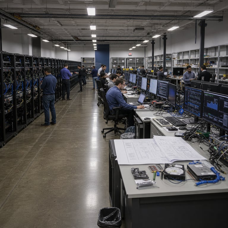 Inside a large open-plan corporate technology operations center multiple teams of anonymized professionals in business casual attire work at long rows of modular workstations each equipped with several flat-panel displays connected by thick bundles of network cables to tall black server racks lining the perimeter walls. The server racks contain dense arrays of blinking indicator lights and cooling fans with visible internal components including processors and storage drives all arranged in a clean well-organized grid pattern typical of scaled enterprise infrastructure environments. On the central tables lie printed technical diagrams spread out alongside portable diagnostic devices and external hard drives while some individuals stand with backs turned examining connections between hardware units representing integration points for advanced analytics platforms into core finance and operations modules. In the background additional staff members move between stations carrying tablets and clipboards as they coordinate the transition of experimental setups into full production deployments across multiple departments. The floor features polished concrete surfaces with subtle reflections from overhead fluorescent fixtures illuminating the entire space evenly without shadows on key equipment areas. Shelves along one wall hold spare networking components routers and power supply units neatly labeled by function though no markings are visible in the captured view. Several workstations display complex graphical interfaces with charts and data flows illustrating real-time monitoring of business processes enhanced by embedded artificial intelligence capabilities. The overall layout emphasizes connectivity between traditional enterprise resource planning hardware and newer specialized AI processing units positioned side by side to show the expansion of capacity and backlog growth in cloud-based services. Additional details include ergonomic chairs positioned at each desk ergonomic keyboard trays extended outward and waste bins containing discarded packaging from recent hardware installations all contributing to a documentary-style depiction of ongoing enterprise-scale technology adoption in a professional setting focused on finance automation and operational efficiency improvements without any visible branding or textual elements present anywhere in the scene.