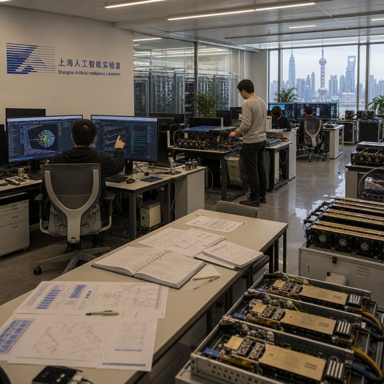 Inside a spacious modern research facility located in Shanghai a team of anonymous engineers and scientists work collaboratively at long rows of ergonomic desks equipped with multiple large flat panel monitors connected to high performance computing hardware racks visible through glass partitions in the background the setting features clean white walls large windows overlooking the urban skyline of Shanghai subtle details include stacks of technical notebooks open on the desks ergonomic chairs scattered around the workspace server cabinets with visible cabling and cooling fans rows of GPU accelerator cards mounted in open chassis on nearby trolleys a central conference table covered with printed diagrams and charts illustrating neural network architectures and benchmark performance graphs one engineer seated with back to the viewer gestures toward a monitor displaying complex three dimensional data visualizations of model training metrics another stands nearby examining hardware components like cooling systems and power supply units on a workbench the overall environment includes potted plants for a touch of greenery soft ambient lighting from overhead fixtures and reflections on polished flooring the scene emphasizes the collaborative nature of research and engineering workflows with multiple individuals engaged in reviewing outputs from a large scale open weight agentic AI system derived from advanced foundational models the hardware setup includes dense clusters of interconnected compute nodes symbolizing the scale of a 744 billion parameter model release under open licensing terms generic figures wear standard lab coats or casual professional attire with no distinguishing features or faces visible to maintain anonymity the room layout shows dedicated zones for hardware inspection software analysis and team discussions with cables neatly organized along the floor edges and ventilation systems integrated into the ceiling the focus remains on tangible elements like monitor bezels keyboard arrays mouse devices external storage drives and prototype boards scattered across surfaces all contributing to a realistic depiction of daily operations in an artificial intelligence laboratory dedicated to verifiable training methodologies and targeted applications in research domains the composition captures the essence of technological advancement in frontier model development through physical presence of computing infrastructure and human interaction within the Shanghai Artificial Intelligence Laboratory context without any overlaid elements or distractions