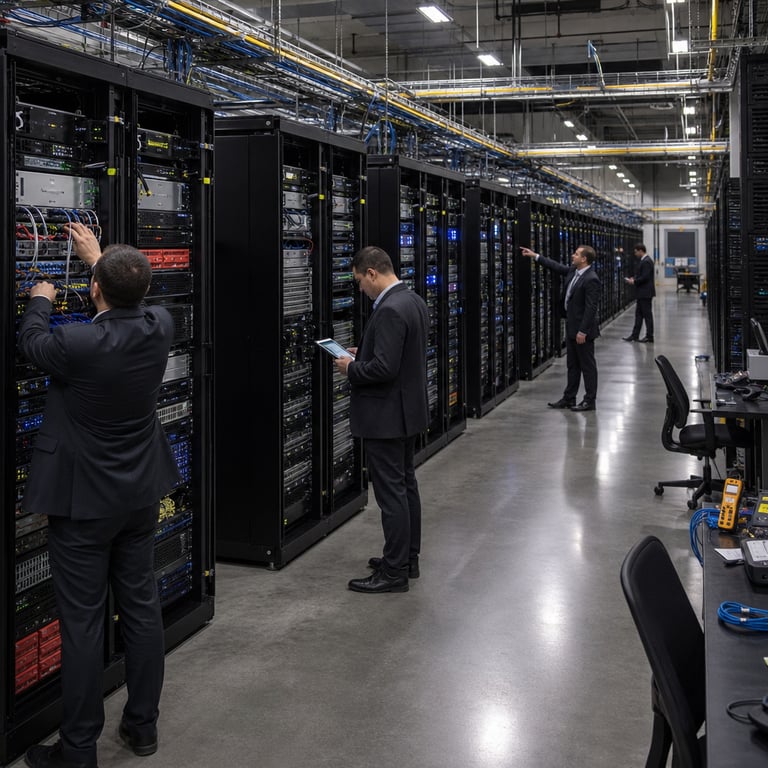 Inside a vast enterprise data center facility the scene shows multiple long rows of tall black server racks stretching into the distance each rack densely packed with layered security hardware including network firewalls cloud access devices identity verification appliances endpoint monitoring units data protection storage arrays and threat intelligence processors all interconnected by thick bundles of multicolored cables running along overhead trays and under raised flooring the hardware represents a multi-vendor zero-trust deployment for enterprise agentic AI systems with distinct equipment types placed side by side to illustrate integrated controls against machine-speed risks and non-human identity challenges several anonymized technicians wearing plain dark business suits and lanyards stand with backs turned or in profile view at various stations one technician adjusts connections on a rack-mounted firewall unit another examines a portable diagnostic tablet held at waist level while a third points toward a cluster of cloud security modules and a fourth inspects storage arrays in the mid-ground the polished concrete floor reflects soft ambient illumination from rectangular ceiling panels with subtle yellow and blue indicator lights glowing on equipment fronts without any markings or displays visible the background reveals additional racks containing network segmentation devices and advanced threat prevention systems arranged to emphasize layered protection the entire composition focuses on the physical integration of diverse security hardware platforms in a real-world operational setting where autonomous AI agents would interact with enterprise networks under strict zero-trust protocols the scene includes generic office chairs near work surfaces holding additional cable testers and interface modules the walls are plain industrial gray with ventilation grilles and the overall environment conveys a functional high-security operations space dedicated to safeguarding complex AI deployments through coordinated vendor solutions the technicians appear engaged in routine configuration tasks that demonstrate practical application of multi-layered defenses the racks vary slightly in depth and component density to show the breadth of the stack from perimeter controls to internal identity management and data resilience features all elements remain strictly professional and technical with no visible interfaces or identifiers the composition is balanced to capture the scale and complexity of the installation from a slightly elevated viewpoint that encompasses both foreground activity and receding hardware rows emphasizing the enterprise-scale infrastructure required for secure agentic AI operations.