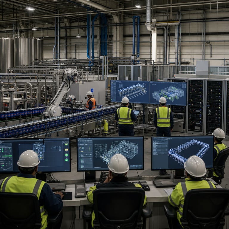 A realistic live-action photograph captures the interior of a large-scale PepsiCo beverage manufacturing facility during active production operations featuring extensive rows of high-speed bottling and canning machinery with stainless steel conveyor systems transporting filled PepsiCo product containers along automated assembly lines Siemens industrial control hardware mounted on equipment racks Siemens Energy power distribution units and transformers integrated into the facility infrastructure NVIDIA computational servers housed in climate-controlled enclosures adjacent to the production floor generic anonymized technicians in safety vests and hard hats positioned around monitoring stations examining three-dimensional digital representations of manufacturing line upgrades projected on large flat-panel displays without any visible text or logos generic figures standing with backs turned observing real-time simulation overlays on tablet devices connected to the digital twin infrastructure the environment includes overhead industrial lighting fixtures suspended from high ceilings exposed ductwork and piping for energy systems modernized electrical panels with Siemens branding elements removed but identifiable hardware shapes present large metal storage tanks for raw materials adjacent to the line energy-efficient HVAC units from Siemens Energy visible in the background multiple robotic arms performing precise placement tasks on the line a central command area with multiple generic operators seated at consoles displaying wireframe 3D models of upgraded machinery layouts the overall scene emphasizes operational efficiency with clean organized flooring marked safety zones and visible integration points between physical production hardware and virtual simulation tools for throughput optimization no individuals with recognizable features all figures shown from side or rear angles in standard industrial attire the facility layout shows direct connections between the manufacturing floor and adjacent energy management rooms with Siemens Energy equipment racks the entire composition focuses on the tangible hardware and human interaction with digital twin technology in a real PepsiCo production environment illustrating the multi-year collaboration outcomes through visible modernized equipment and simulation interfaces without any textual elements or identifiable public figures present throughout the expansive factory interior.