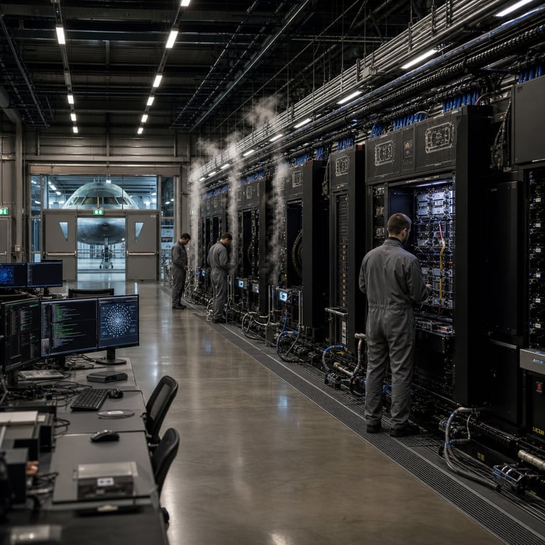 Inside a vast industrial data center facility the scene shows multiple parallel rows of tall black server racks forming the Colossus supercomputer array with dense cabling bundles running along overhead trays and floor channels while cooling units emit visible vapor streams along the sides. In the midground several anonymous technicians wearing plain gray coveralls stand with backs turned examining open server panels revealing internal GPU clusters and power distribution units without any markings or displays visible. To the left side of the frame a separate area contains generic office workstations with multiple monitors displaying abstract code interfaces and diagrams of AI model architectures alongside hardware keyboards and mice on desks. The background features large sealed doors leading to additional climate controlled zones and distant views of structural elements resembling aerospace components integrated into the building architecture suggesting connections to advanced engineering projects. The overall environment includes polished concrete floors reflective metal surfaces and uniform overhead lighting creating a functional high-tech operational atmosphere focused on enterprise scale computing hardware and collaborative technical workspaces representing the integration of a B2B coding platform into a larger AI development infrastructure aimed at competing in advanced model training and deployment scenarios against other major organizations in the same field. Additional details include bundles of fiber optic cables neatly organized in trays blue indicator lights on power supplies rows of identical rack units extending into the distance and subtle ventilation grilles along the walls all contributing to a realistic live action photograph of a modern supercomputing environment tied to corporate acquisitions in the technology sector involving space related enterprises and artificial intelligence coding tools.