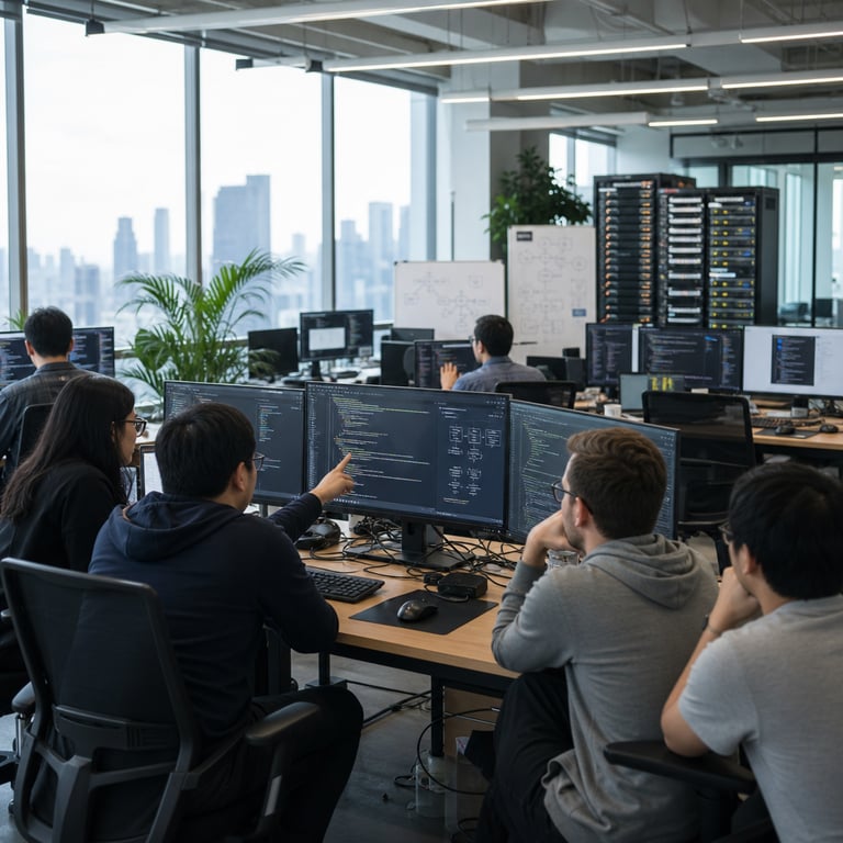 In a contemporary open-plan technology development facility bathed in soft natural daylight from expansive floor-to-ceiling windows overlooking a distant city skyline, several anonymous software engineers wearing casual professional attire sit at long shared wooden desks equipped with multiple large flat-panel monitors, ergonomic keyboards, precision mice, and wireless headsets. One engineer in the foreground leans forward while pointing at a central screen displaying dense blocks of syntax-highlighted programming code arranged in multi-step logical sequences, with adjacent panels showing structured workflow diagrams for agentic task decomposition and curated engineering dataset references without any visible lettering. Nearby colleagues collaborate around the same workstation cluster, their postures indicating focused discussion on code optimization and iterative reasoning chains. In the mid-ground, additional developers work individually at their stations with similar multi-monitor setups, some screens showing API integration dashboards and mobile application simulation windows alongside web-based coding interfaces. The background features rows of tall server racks with blinking indicator lights, neatly organized cable management systems, abstract geometric whiteboards covered in non-textual flowcharts and node diagrams, potted green plants for acoustic balance, and subtle metallic accents on furniture suggesting advanced hardware environments. The entire scene emphasizes a professional atmosphere of collaborative problem-solving using frontier-level artificial intelligence tools specialized for coding assistance, multi-step logical processing, and deployment across web platforms, mobile applications, and programmatic interfaces, with all individuals depicted from side or back angles to maintain anonymity and all visual elements limited to generic hardware, screens filled with unreadable code patterns, and realistic office architecture without any textual overlays or identifiable branding.
