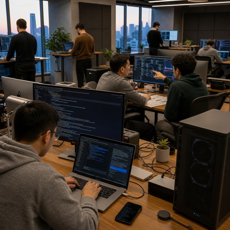 A modern open-plan software development office in a high-rise building features multiple anonymous developers seated at long wooden desks equipped with ergonomic chairs, wireless keyboards, trackpads, and arrays of thin-bezel monitors connected to powerful desktop towers and laptops. In the foreground a focused engineer in a plain gray hoodie leans forward while navigating an integrated development environment on a laptop screen showing structured code blocks alongside an adjacent AI assistance panel, alluding to advanced coding model integration with extensive context handling for large projects. Scattered across the desks are additional laptops running parallel sessions, external hard drives, USB-C hubs, and neatly stacked reference binders without any visible markings. Mid-ground shows two more developers collaborating side-by-side, one gesturing toward a shared monitor displaying layered application architecture diagrams and performance charts, while another reviews printed benchmark summary sheets placed beside efficient server rack models in a corner alcove symbolizing high-capacity backend infrastructure from SpaceXAI and xAI. The workspace includes potted indoor plants, neutral-toned acoustic panels on walls, large floor-to-ceiling windows revealing an urban skyline at dusk, and subtle hardware elements like cooling fans and network switches emphasizing operational efficiency. Additional figures in casual attire work at standing desks in the background, their postures indicating sustained concentration on complex programming tasks that benefit from cost-effective model pricing compared to alternatives like Claude Opus 4.8 or GPT-5.5. The entire scene conveys collaborative real-world use of frontier coding tools within Cursor environments through realistic office clutter including coffee cups, charging cables, and task lights illuminating the hardware setups without any textual elements present. Detailed textures include matte laptop surfaces, woven chair fabrics, subtle reflections on polished screens, varied skin tones and hair styles on the anonymized figures, wood grain on desks, and faint shadows cast by overhead fixtures creating a documentary-style capture of daily developer activity centered on Grok 4.5 capabilities.