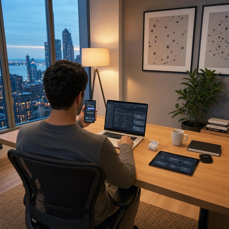 In a modern minimalist home office apartment with large floor to ceiling windows overlooking an evening city skyline an anonymous individual viewed from behind the shoulder sits in a black ergonomic mesh chair at a long polished light oak desk. The person holds a slim smartphone in the left hand with the screen showing clean graphical chat bubbles and interactive visual elements representing an advanced AI assistant while the right hand rests on the keyboard of a silver laptop computer displaying a browser window with structured interface panels for web based AI services. A thin tablet device lies on the desk surface to the right also illuminated with abstract data flow graphics indicating mobile app access to the same system. On the desk surface rest a pair of wireless earbuds inside an open charging case a white ceramic coffee mug a closed blank notebook and a wireless charging pad with a phone resting on it. The floor features light hardwood planks partially covered by a neutral woven rug. Soft ambient light comes from a tall floor lamp with a fabric shade positioned beside the desk while natural dusk light enters through the windows revealing distant building lights and streets below. The walls are painted a muted gray with two large abstract framed prints showing geometric patterns inspired by digital networks. A potted green plant stands in the corner next to a low bookshelf holding stacked volumes on technology topics. The entire scene conveys everyday consumer access to a newly expanded AI platform across web mobile and desktop environments in a realistic lived in space emphasizing broad availability and seamless multi device integration without any visible markings or identifiers. The composition focuses on hardware objects and anonymous human interaction to illustrate widespread rollout of the model in daily settings amid industry competition for coding and agent capabilities. Additional details include the texture of the oak desk grain the weave of the chair fabric the reflection on the laptop screen the subtle shadows cast by the lamp the arrangement of cables neatly tucked behind the devices the city lights visible through the glass and the overall balanced layout that centers the three active devices as symbols of cross platform deployment in a private professional workspace.