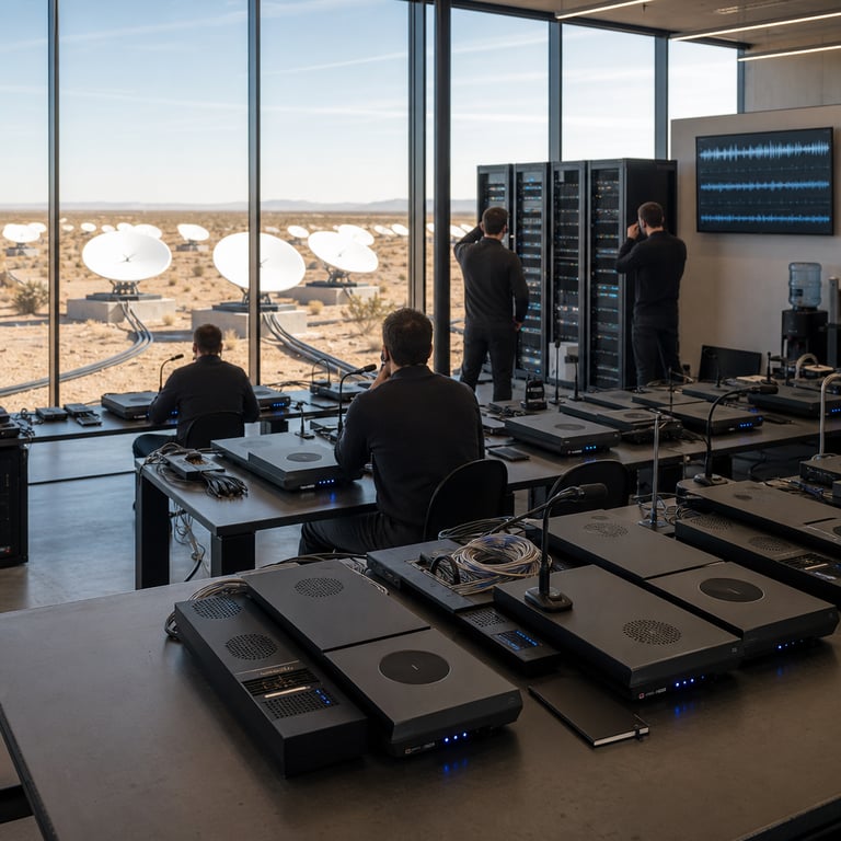 A wide angle view inside a spacious modern technology control center with floor to ceiling windows overlooking a desert landscape dotted with multiple large white circular Starlink satellite dishes mounted on low concrete pads connected by thick black cables running into the building. Inside the room several anonymous figures wearing plain dark business casual attire stand with their backs to the viewer at various sleek black desks equipped with arrays of flat rectangular hardware units glowing with soft blue indicator lights and compact microphone arrays on stands positioned near their mouths. One figure gestures toward a central rack of server like equipment while another holds a small handheld device near their face as if engaging in natural conversation. On the desks are multiple identical matte black rectangular voice interface modules with circular speaker grilles and subtle ventilation slots but no visible markings or displays. Through the windows the clear sky shows faint contrails and the distant horizon features additional Starlink ground terminals aligned in rows. The floor consists of polished light gray concrete with subtle cable management channels and the walls are lined with tall narrow cabinets housing additional hardware racks emitting faint status lights. Scattered across the workspace are loose bundles of fiber optic cables in neutral colors and a few plain notebooks lying closed beside the hardware. The overall environment conveys a functional high technology installation focused on satellite enabled real time voice processing with emphasis on the physical presence of communication hardware and anonymous operators interacting through speech interfaces. Additional details include rows of identical black equipment towers with ventilation grilles and indicator LEDs in the background a large wall mounted flat panel showing abstract waveform patterns without any text a water cooler station in the far corner and subtle reflections of the desert light on the glossy surfaces of the desks creating a cohesive real world operational scene representing advanced speech to speech model deployment integrated with satellite networks.