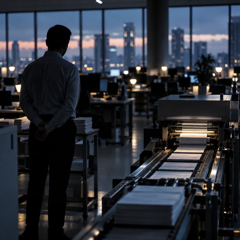 Automated document scanner on a conveyor belt in a dim financial office, referencing State Street's AI expense cuts.