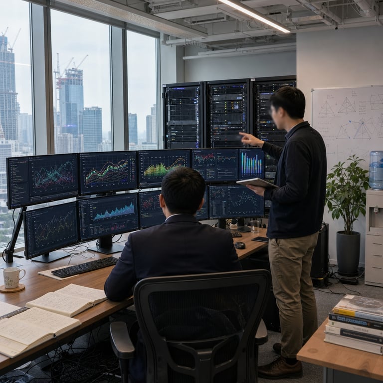Inside a modern open-plan technology office located in a high-rise building in Beijing a generic unidentifiable male professional wearing a plain dark business suit sits with his back turned toward the viewer at a long wooden desk cluttered with multiple large flat-panel computer monitors displaying intricate multicolored line graphs bar charts and scatter plots that represent comparative intelligence metrics performance scores and pricing tiers for an advanced artificial intelligence model preview the monitors are surrounded by black server racks with blinking indicator lights stacked along the far wall a second anonymous figure in business casual attire stands nearby pointing at one of the screens while holding a tablet device several open notebooks filled with handwritten charts rest on the desk surface next to wireless keyboards and ergonomic mice the background reveals floor-to-ceiling windows overlooking a dense urban skyline with distant construction cranes and other office towers a potted green plant sits in the corner beside a water cooler and a row of filing cabinets the entire workspace features neutral-toned carpeting clean minimalist furniture and visible network cables running along the floor the scene captures the moment of reviewing third-party benchmark results that have appeared publicly ahead of any formal release from the originating Chinese artificial intelligence laboratory the monitors show abstract visual representations of model evaluations without any readable characters or symbols the professional figures remain completely anonymous with no facial features visible and the overall environment emphasizes hardware infrastructure data analysis tools and corporate research settings directly tied to the emergence of performance information for the Step 5 Preview model through independent evaluation platforms such as Artificial Analysis Opper AI and DataLearner the office includes additional details like a whiteboard covered in geometric diagrams a coffee mug on a coaster a stack of technical reference books on a side table and subtle reflections of the cityscape on the glossy monitor surfaces all elements combine to form a single cohesive live-action photographable news scene grounded exclusively in the context of premature benchmark disclosures for frontier artificial intelligence systems developed by StepFun