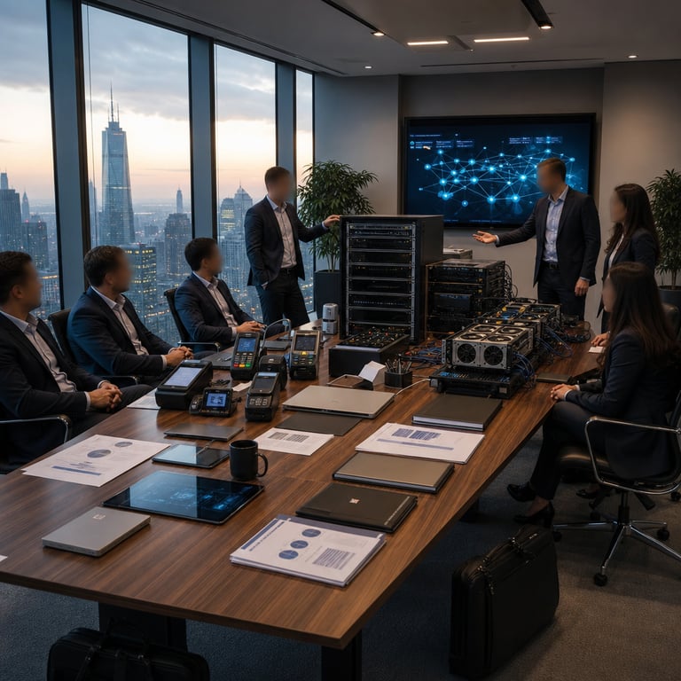 Inside a spacious modern corporate conference room on the upper floor of a glass-walled office tower in a major technology hub, a group of anonymous business professionals in dark business suits and button-down shirts sit and stand around a long polished wooden table covered with closed laptops, stacks of paper documents, and multiple tablet devices displaying charts and diagrams without any visible lettering or numbers. On one side of the table, representatives associated with a global payments infrastructure company are positioned next to physical point-of-sale terminals, credit card readers, and secure transaction hardware units connected via visible cables to central server racks. On the opposite side of the table, individuals linked to an artificial intelligence model routing platform are seated near racks of graphics processing units, network switches, and high-density compute servers that facilitate access to numerous large language models and machine learning endpoints from various providers. The room features floor-to-ceiling windows revealing a city skyline at dusk with distant illuminated skyscrapers, while the interior includes neutral-toned walls, recessed ceiling panels, and subtle ambient lighting that highlights the reflective surfaces of the hardware. Additional elements include potted plants in the corners, ergonomic office chairs pushed slightly back from the table, briefcases resting on the floor, and a large digital display screen on the far wall showing abstract network topology maps and data flow diagrams without text. The professionals are engaged in discussion with gestures toward the equipment, some leaning forward to examine the payment devices and AI accelerators side by side, illustrating the strategic integration of financial transaction systems with developer-facing artificial intelligence infrastructure. The overall composition emphasizes the physical merger of enterprise payment processing tools with scalable AI model access platforms through the presence of both categories of hardware in the same shared professional environment, surrounded by generic office accessories like coffee mugs, pens, and folders that contain no legible markings.
