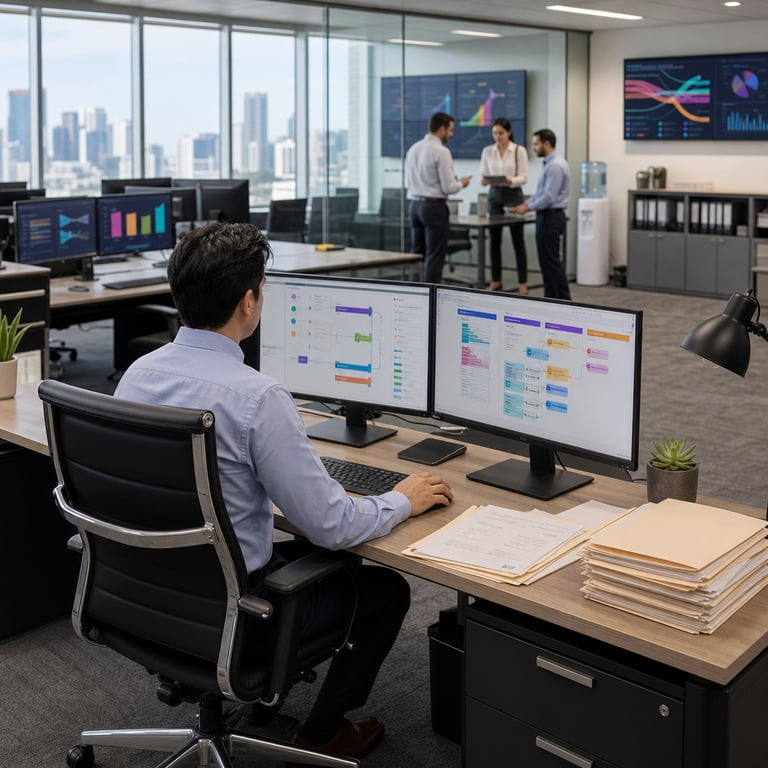 In a brightly lit contemporary open plan office interior of a major mortgage lending firm rows of ergonomic black leather adjustable office chairs sit before wide wooden desks topped with multiple large flat screen computer monitors showing abstract graphical interfaces with colorful charts bars and flow diagrams representing mortgage loan processing and AI analysis without any letters numbers or words visible anywhere in the scene an anonymous professional wearing a light blue button down shirt and dark slacks sits with back partially angled toward the viewer at the central desk their hands resting on a wireless keyboard and mouse while stacks of manila file folders containing home loan papers a wireless charging pad a black desk lamp and a small potted green succulent occupy the remaining desk surface natural daylight pours through floor to ceiling windows revealing an urban skyline of distant buildings the carpeted floor is gray and clean with subtle reflections from overhead recessed lighting glass partition walls divide sections of the workspace in the mid ground three other generic office workers in business casual clothing stand around a large conference table covered with open laptops and tablets engaged in discussion near filing cabinets filled with binders and a water cooler station the background shows additional desks with similar hardware setups including printers with paper trays neatly bundled cables under furniture potted plants along the perimeter and wall mounted abstract display panels featuring data visualizations the overall environment includes visible textures such as wood grain on desks fabric weaves on chairs metallic finishes on monitor bezels and soft shadows cast across surfaces illustrating a productive collaborative setting where enterprise AI tools support mortgage professionals through multi tenant agent systems on advanced platforms that enable personalized rapid deployment for transaction handling without dedicated single user infrastructure or heavy IT maintenance needs the composition emphasizes efficiency innovation and real world application of AI in housing finance operations with every element grounded in corporate office hardware settings and anonymized figures performing typical daily tasks