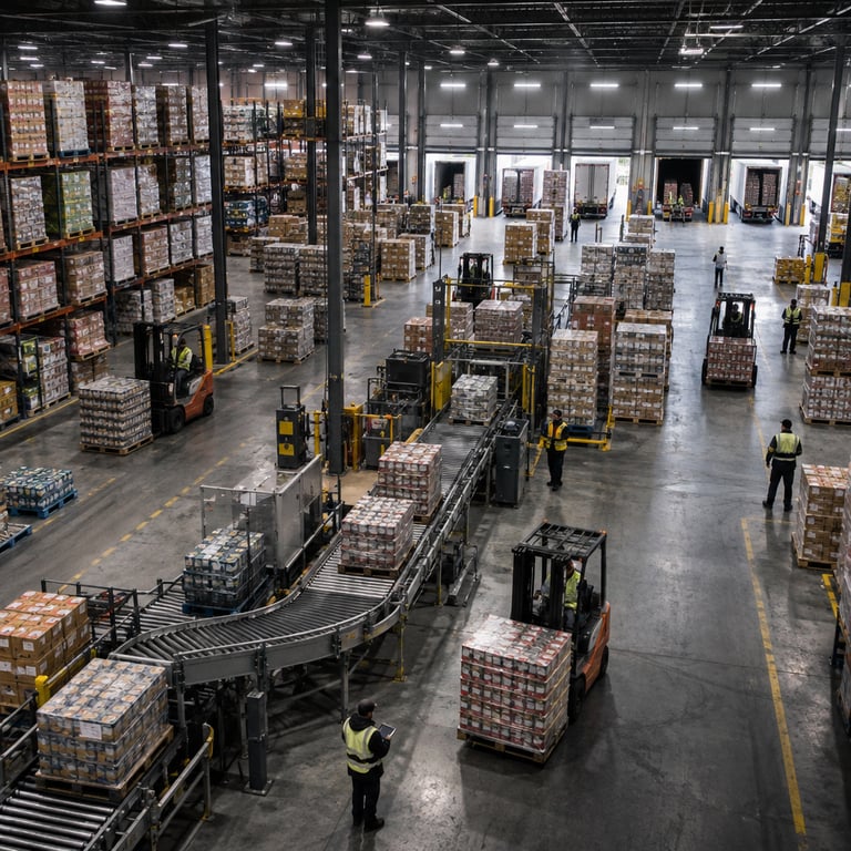 Aerial view of Sysco distribution center with forklifts and pallets of food products