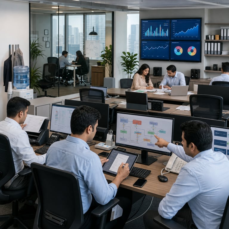 Inside a spacious open-plan corporate office located in a modern high-rise building in Mumbai financial district several anonymous professionals wearing business casual attire sit at rows of individual wooden desks equipped with multiple flat screen monitors keyboards mice and wireless tablets. One employee uses a stylus on a tablet to review digital lending application forms while another points toward a monitor displaying graphical representations of automated approval workflows and efficiency metrics for housing finance processes. Nearby a third professional scans physical documents into a connected digital scanner connected to a central computer system symbolizing the shift toward fully automated onboarding that handles the vast majority of client intake without manual intervention. The office features neutral colored walls large windows revealing a distant city skyline with other commercial towers potted green plants placed between workstations ergonomic office chairs with mesh backs and adjustable heights and organized shelves holding labeled binders alongside external hard drives. In the mid-ground two colleagues collaborate at a shared table reviewing printed charts next to open laptops illustrating asset growth trends and lending portfolio expansion. The scene includes subtle indicators of technology integration such as network cables neatly bundled under desks charging stations for mobile devices and wall-mounted large format displays showing abstract data visualizations of profit increases and operational streamlining in financial services without any legible characters or symbols. Additional details encompass a water cooler area with paper cups a coat rack with jackets a small conference room visible through glass partitions containing a whiteboard with non-text diagrams and distant figures engaged in quiet discussion about digital platform enhancements for loan processing. The overall environment conveys a productive atmosphere of enterprise operations focused on AI driven automation in lending with emphasis on efficiency gains expanded assets under management and streamlined client services across housing finance divisions. Every element remains grounded in realistic office settings typical of major Indian financial institutions emphasizing hardware like computers tablets scanners and collaborative workspaces that support the reported outcomes in profit growth and process automation without depicting any specific individuals or readable information.