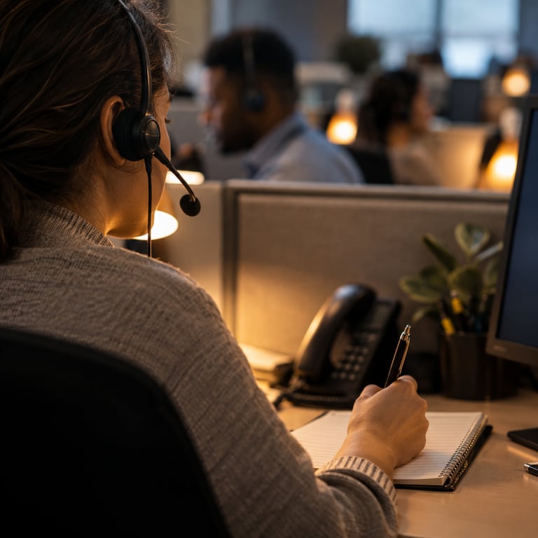 TD Bank contact center agent with headset and notepad on a call