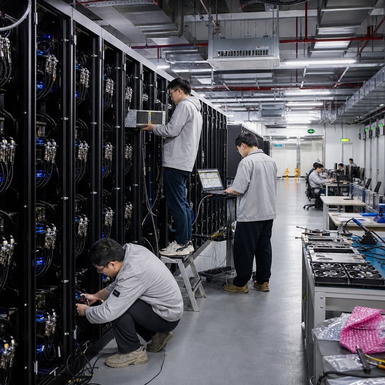 Inside a vast Tencent-operated data center facility in a modern industrial complex in southern China, multiple anonymous technicians wearing neutral-colored lab coats and business-casual attire work methodically among endless rows of tall black server racks equipped with dense GPU clusters and advanced liquid cooling pipes. One technician kneels at the base of a rack adjusting heavy power distribution units while another stands on a small step stool inserting large rectangular accelerator cards into open slots, their movements precise and coordinated. In the midground, a third technician reviews diagnostic readouts on a laptop connected via thick cables to the hardware, surrounded by blinking status LEDs in blue and green hues across the rack faces. The background reveals additional parallel aisles of identical server infrastructure stretching into the distance under bright overhead industrial lighting, with visible HVAC ventilation ducts and fire suppression systems mounted along the ceiling. Scattered on a nearby workbench are generic toolkits, spare cooling fans, and bundles of network cables, emphasizing the rapid hardware scale-up process. The overall environment conveys intense focus on expanding computational capacity for large-scale open-weight model training and inference, with productivity-oriented workspaces visible through glass partitions where additional anonymous staff sit at desks using standard office computers. The scene captures the tangible infrastructure behind swift model iterations arriving weeks apart, including support for extensive context handling and specialized applications in software development and task automation tools, all within a clean, climate-controlled, high-security facility featuring concrete floors, safety signage without lettering, and distant views of loading docks for equipment transport. Every detail from the texture of the metal rack panels to the arrangement of cooling hoses and the positioning of workers underscores the industrial reality of deploying massive parameter models under open licensing frameworks hosted on platforms for community access and integration with coding assistants and workflow optimization software.