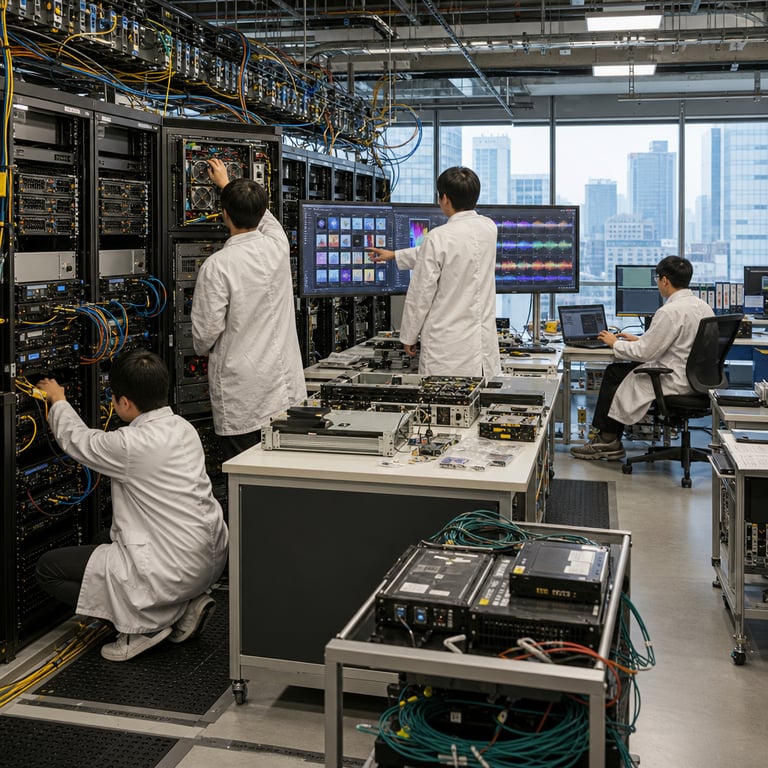 Inside a spacious open-plan technology research laboratory with floor-to-ceiling windows overlooking an urban skyline the scene shows multiple rows of black server racks filled with visible GPU cards and tangled multicolored cabling running along the floor and ceiling trays three anonymous technicians wearing white lab coats stand with backs to the viewer one technician kneels adjusting a cable bundle on the lowest rack another stands reaching into an open server chassis revealing internal cooling fans and circuit boards a third technician points toward a central workstation table holding three large flat panel monitors displaying grids of abstract colorful image patches waveform patterns and layered data visualizations without any readable characters or symbols scattered across the table are disassembled hardware modules including heatsinks power supplies and empty model training cartridges a fourth technician sits at a side desk typing on a keyboard connected to a laptop that shows split screen views of photographic scenes and sensor readouts the floor features anti-static mats and rolling equipment carts loaded with spare networking switches and fiber optic spools overhead industrial lighting fixtures cast even illumination across the entire workspace while background elements include additional unoccupied desks with closed laptops charging cables and reference binders the overall environment conveys a functional high density computing facility dedicated to large scale model development with emphasis on hardware accessibility and collaborative physical interaction among the figures all elements remain strictly within the bounds of a single continuous live action photograph capturing the tangible infrastructure supporting multimodal mixture of experts model releases and open weight distribution practices
