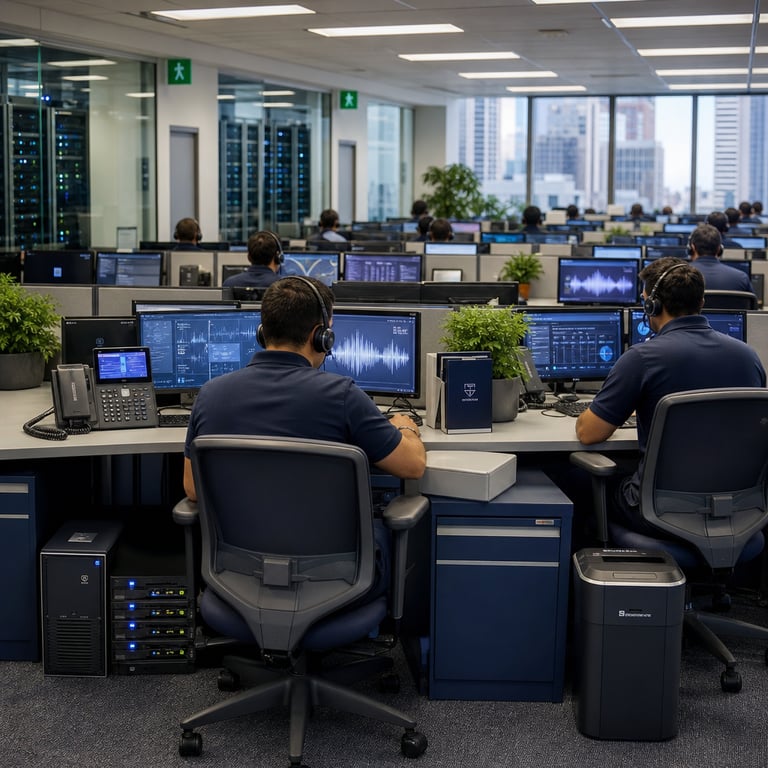 Inside a large open-plan customer service operations floor of a major U.S. regional bank facility serving one of the top 50 banks by assets, multiple rows of identical modular workstations stretch across a carpeted room with neutral gray partitions and overhead fluorescent panels, each workstation occupied by an anonymous employee wearing a dark corporate polo shirt and seated with back facing the viewer while wearing a standard over-ear headset connected by coiled cable to a desktop computer tower and secondary monitor array, the screens displaying abstract waveform graphics and status dashboards without any readable characters or numbers, subtle hardware indicators of production voice AI deployment visible through dedicated rack-mounted servers with blinking status LEDs positioned beneath the desks alongside secure encrypted hard-drive enclosures, compliance-oriented details include locked metal filing cabinets along the perimeter walls, badge-access doors leading to restricted server rooms, and wall-mounted digital clocks showing synchronized times, scattered elements reference AI Voice Research initiatives through generic white papers and technical binders on shared credenzas, the overall environment conveys operational scale with dozens of simultaneous live customer interactions implied by the headset usage and calm focused postures of the anonymized staff, additional background features include large glass partitions revealing adjacent data centers with organized cable management and cooling units, potted plants for acoustic dampening near the workstations, standardized ergonomic chairs adjusted to uniform heights, waste bins with secure document shredding slots, and emergency exit signage rendered as simple pictograms without lettering, the scene captures the inflection point of 78 percent production voice AI adoption through the seamless integration of telephony hardware with AI processing units on every desk, the corporate color scheme of navy and silver repeated across chair fabrics and partition trim, natural daylight filtering through high windows overlooking an urban financial district skyline, and the entire composition remains a single continuous live-action photographable environment focused exclusively on hardware, architecture, and generic human activity without any visible text or identifiable individuals.